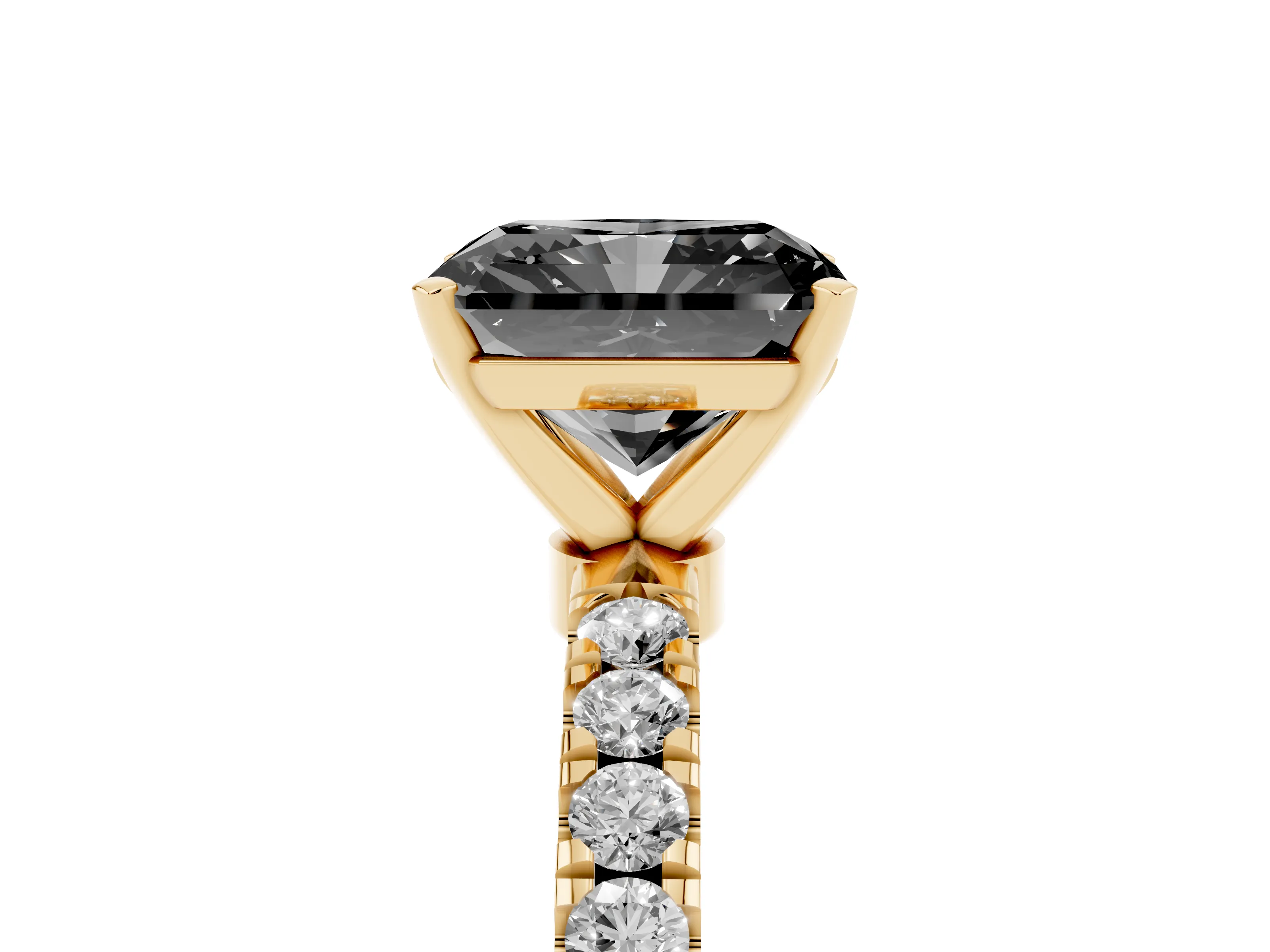 Fancy Black Radiant Cut Diamond Solitaire Ring Set in Yellow gold with Pavé Accents and Prong Setting