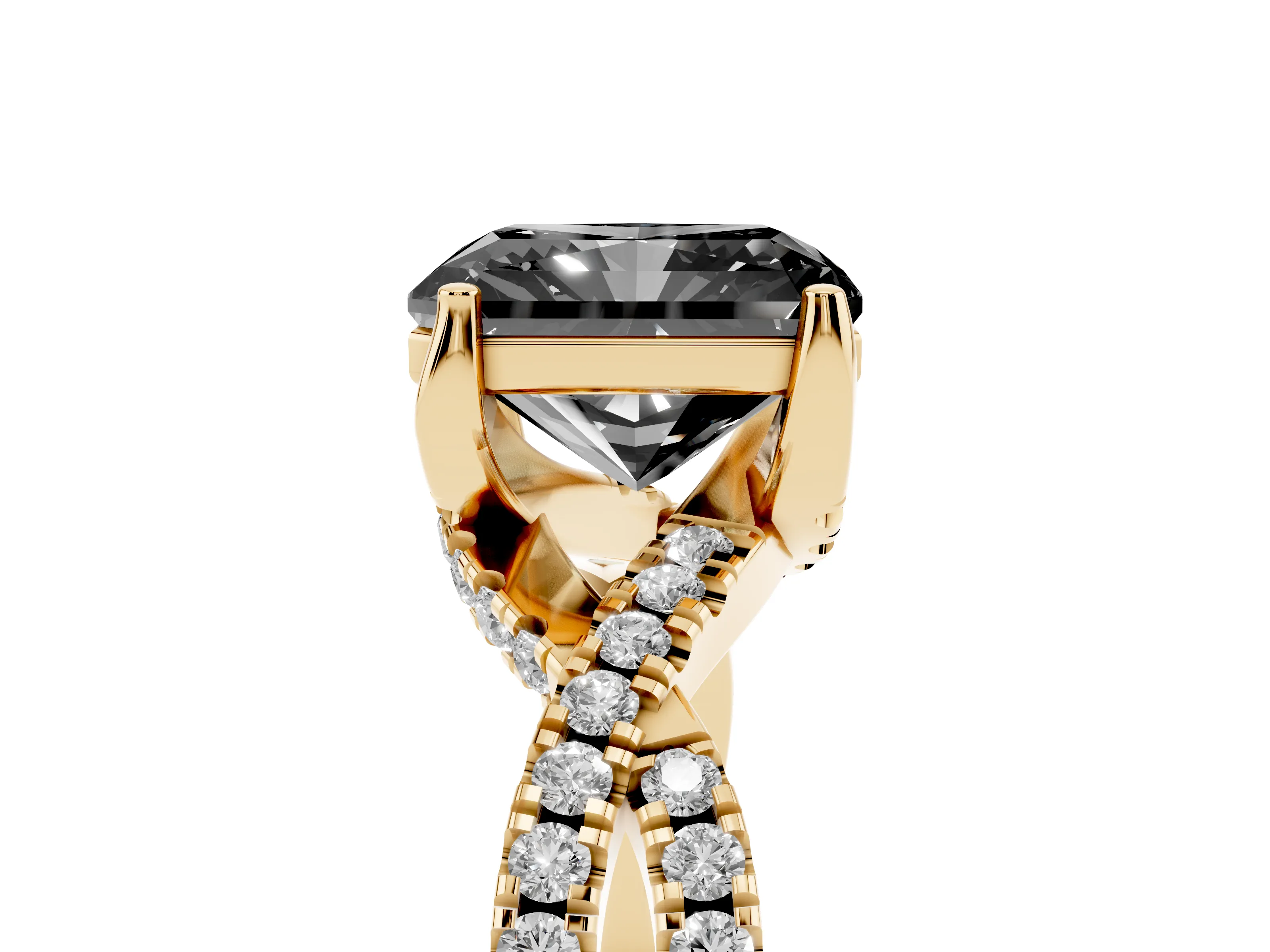 Fancy Black Radiant Cut Diamond Twist Pavé Solitaire Engagement Ring Set in Yellow gold with Prong Setting