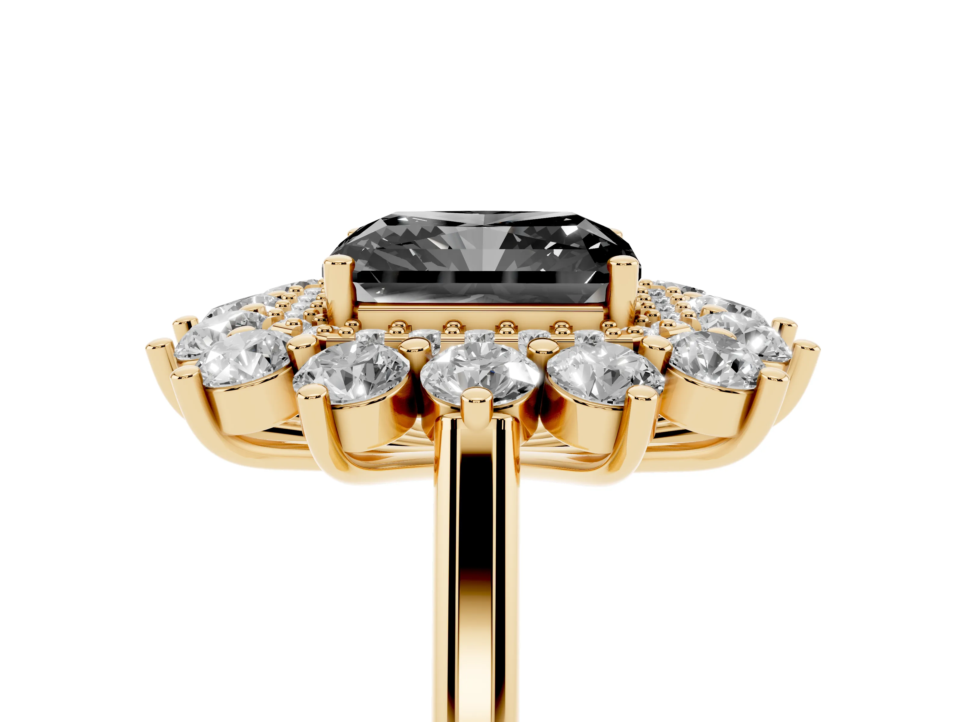 Fancy Black Radiant Cut Diamond Floral Double Halo Ring Set in Yellow gold with Round Petals