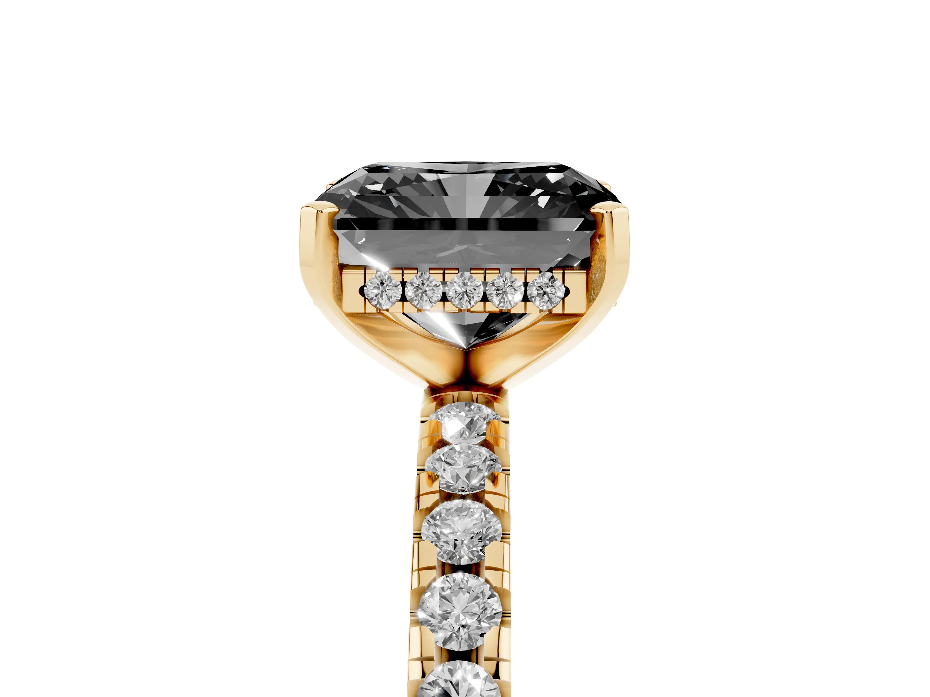 Fancy Black Radiant Cut Diamond Pavé Solitaire Ring Set in Yellow gold with Round Band Accents and Prong Setting