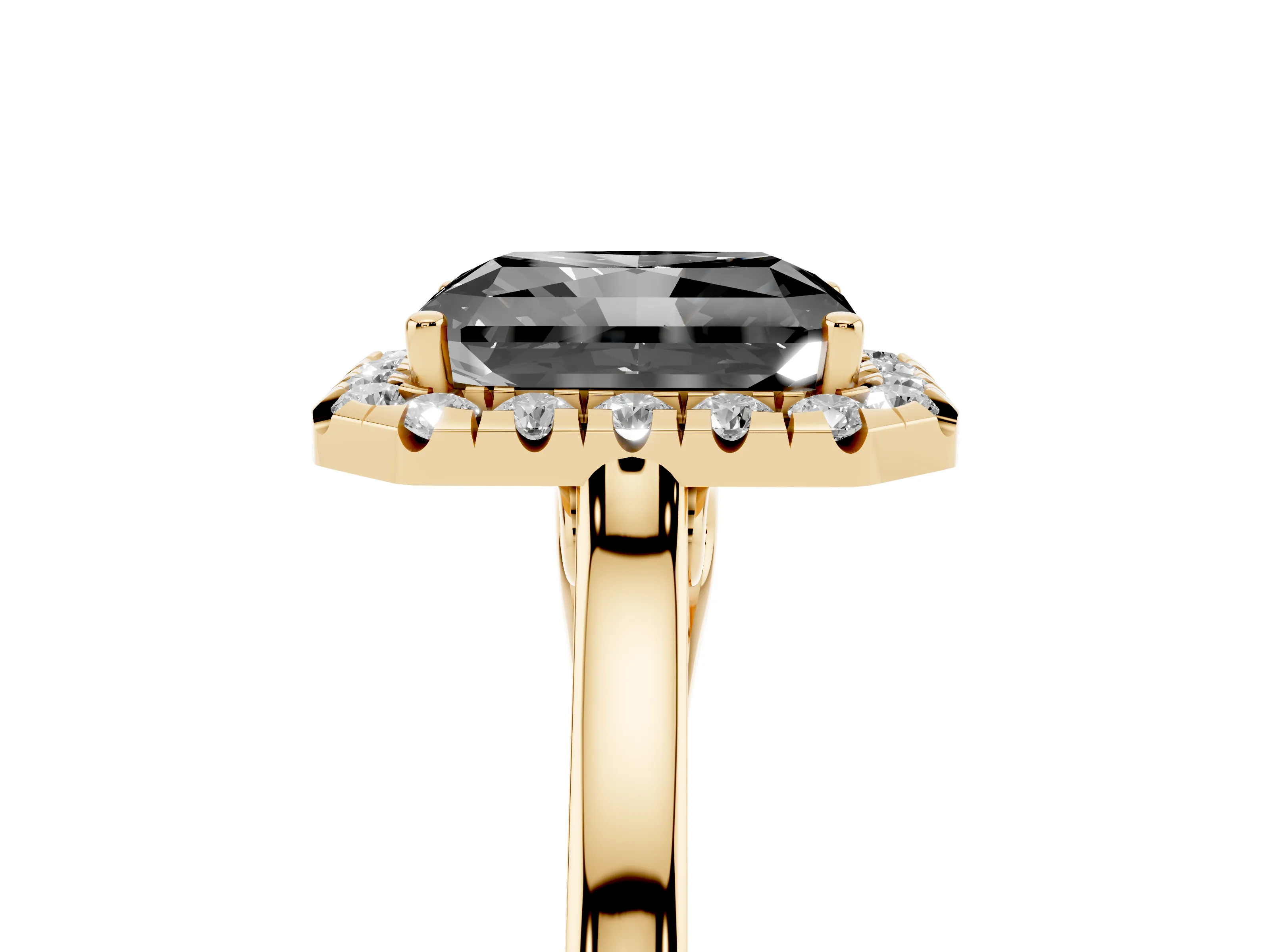 Fancy Black Radiant Cut Halo Round Diamond Solitaire Ring Set in Yellow gold with Pavé Band and Prong Setting