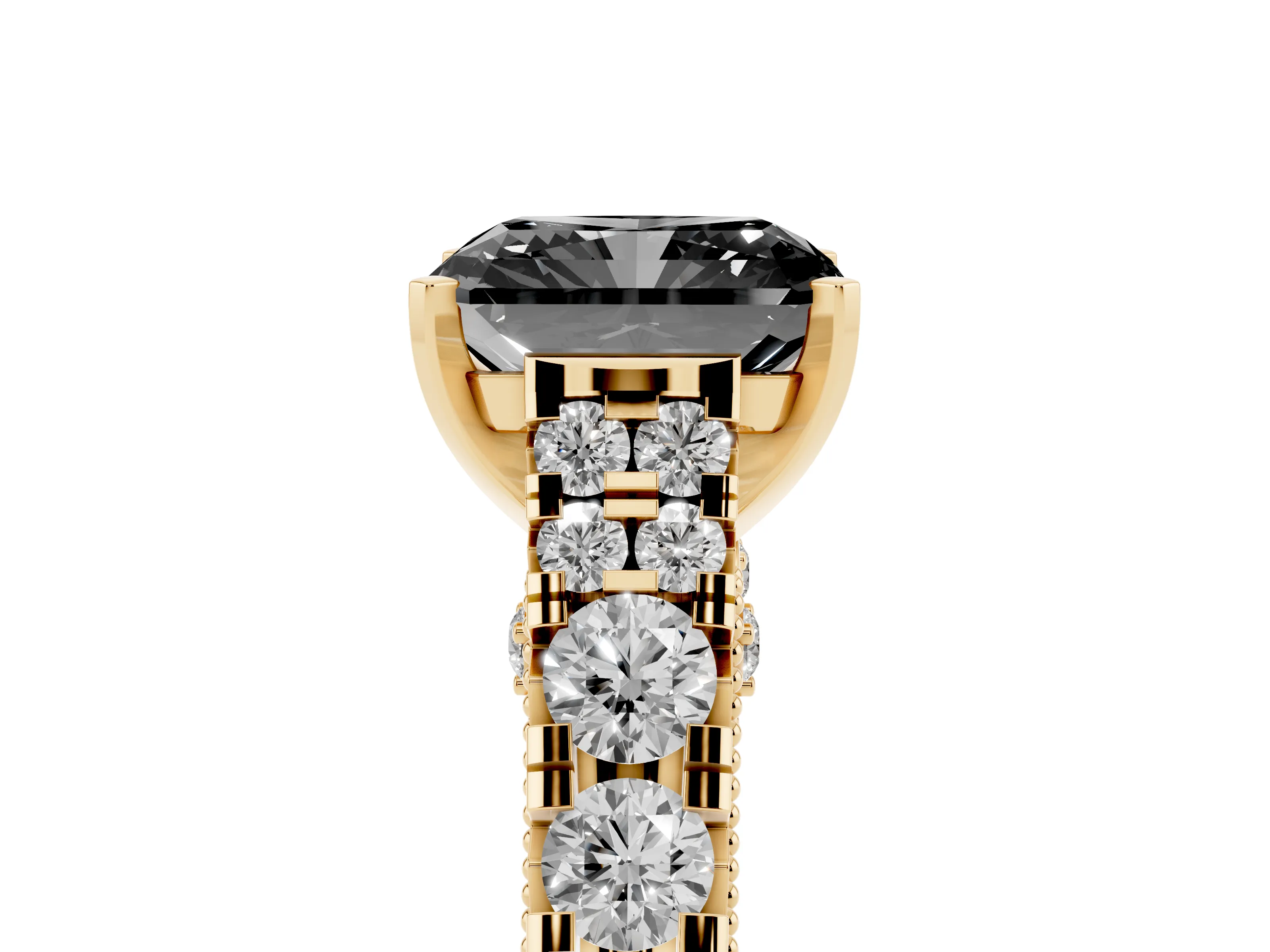 Fancy Black Radiant Cut Diamond Classic Solitaire Ring Set in Yellow gold with Pavé Band and Prong Setting