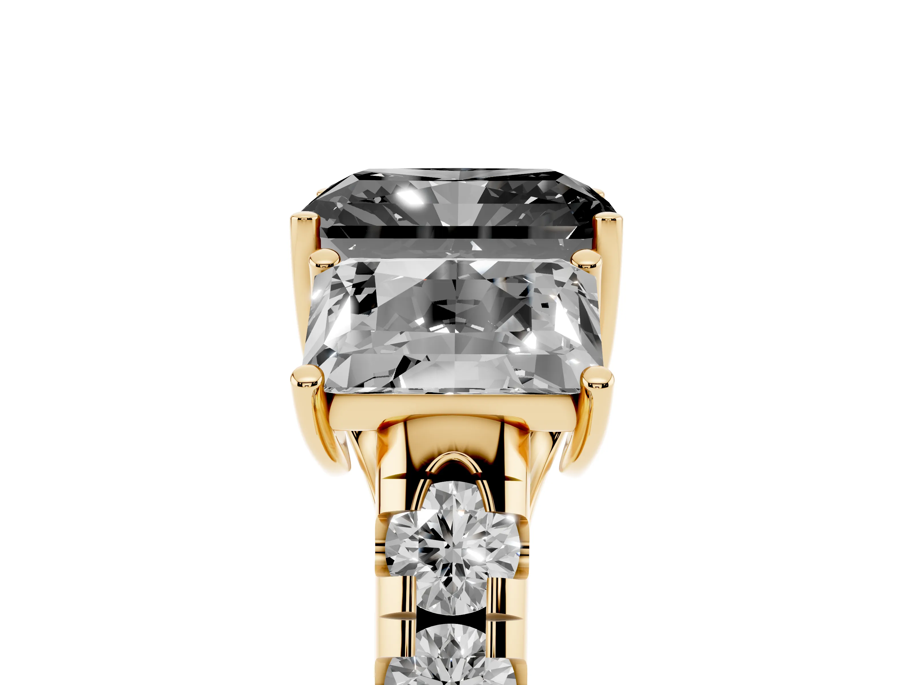 Fancy Black Radiant Cut Diamond Three-Stone Ring Set in Yellow gold with Pavé Band
