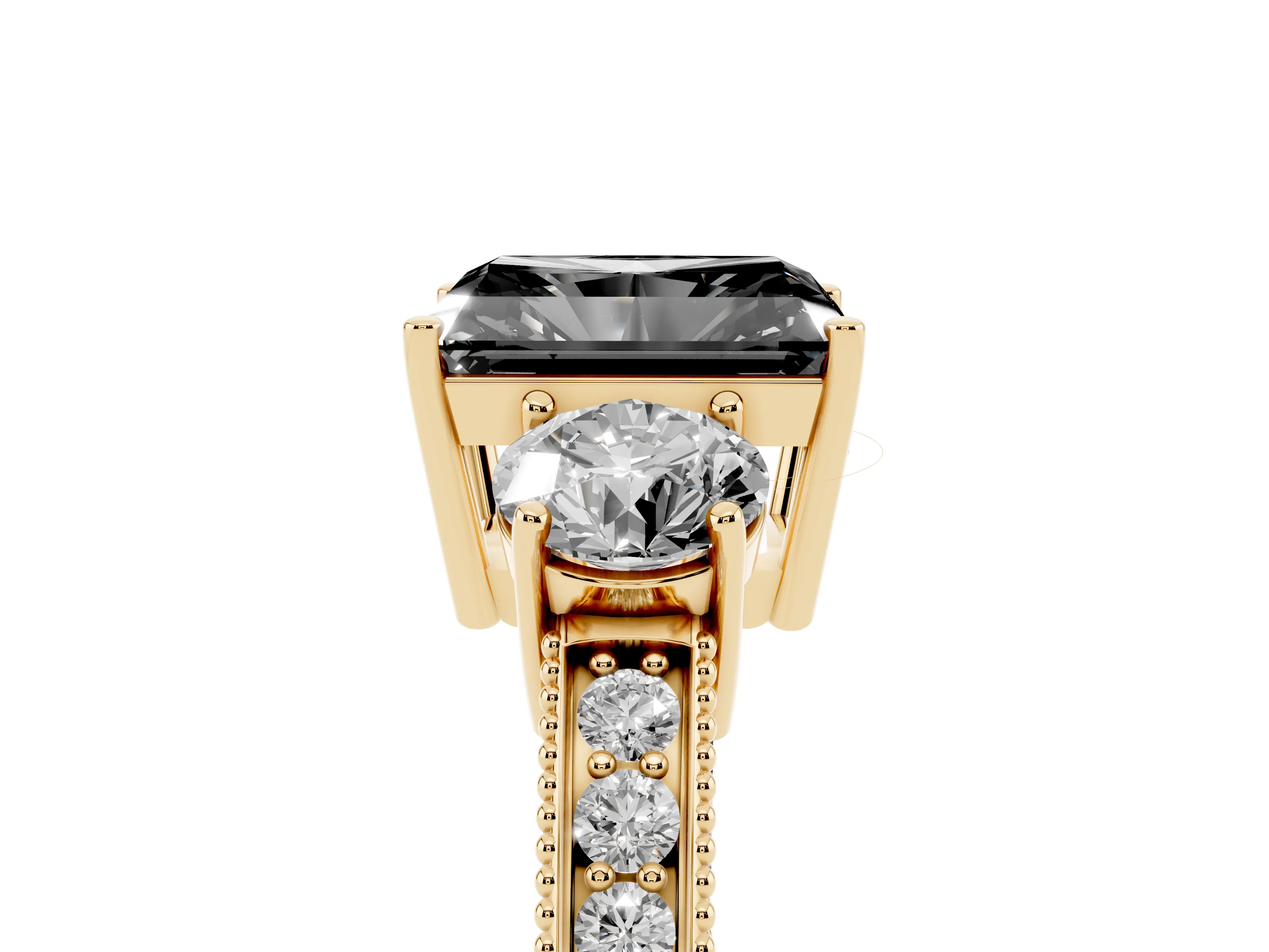 Fancy Black Radiant Cut Diamond Three-Stone Ring Set in Yellow gold with Round Side Stones and Pavé Band