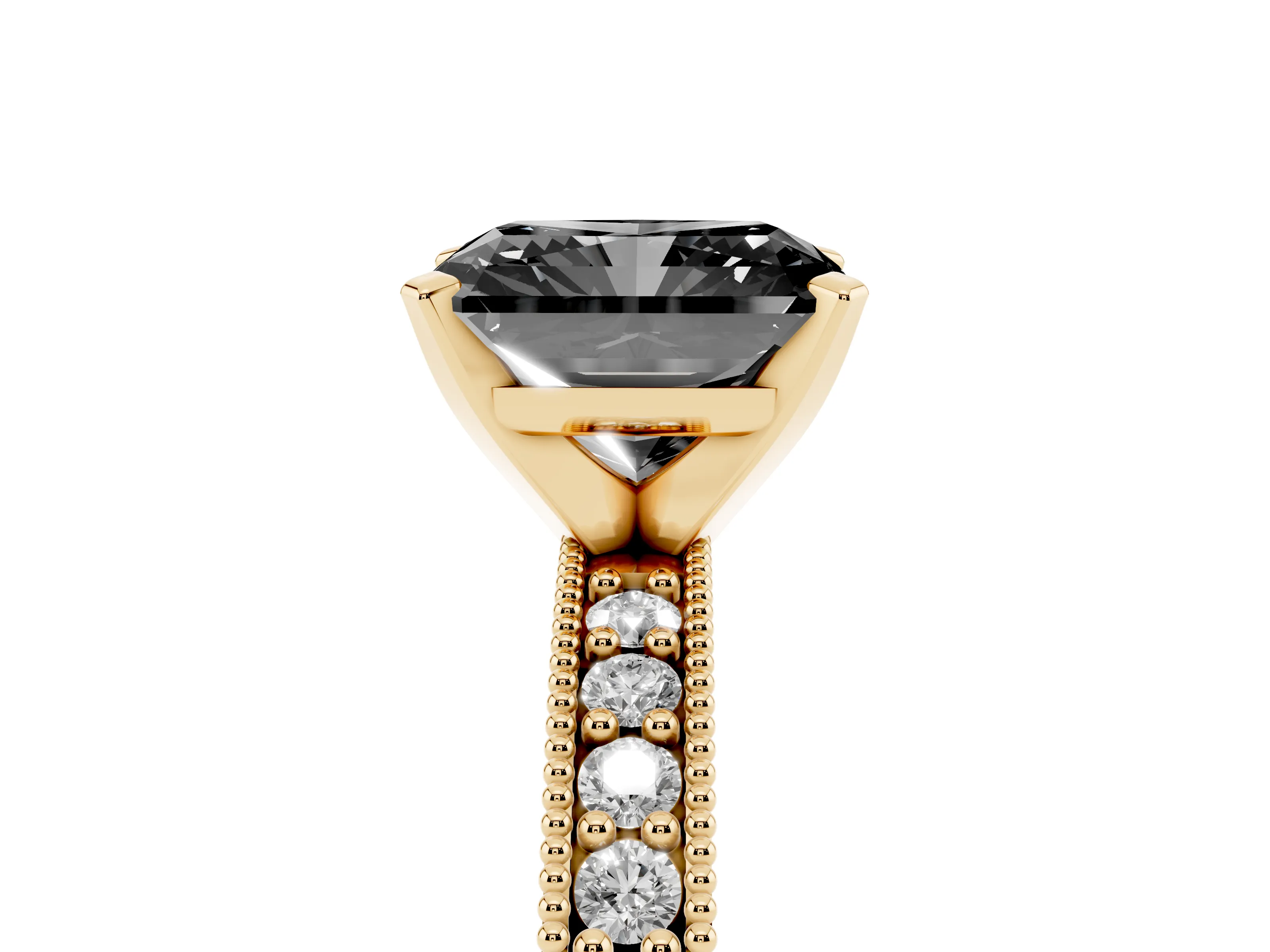 Fancy Black Radiant Cut Diamond Milgrain Pavé Engagement Ring Set in Yellow gold with Prong Setting