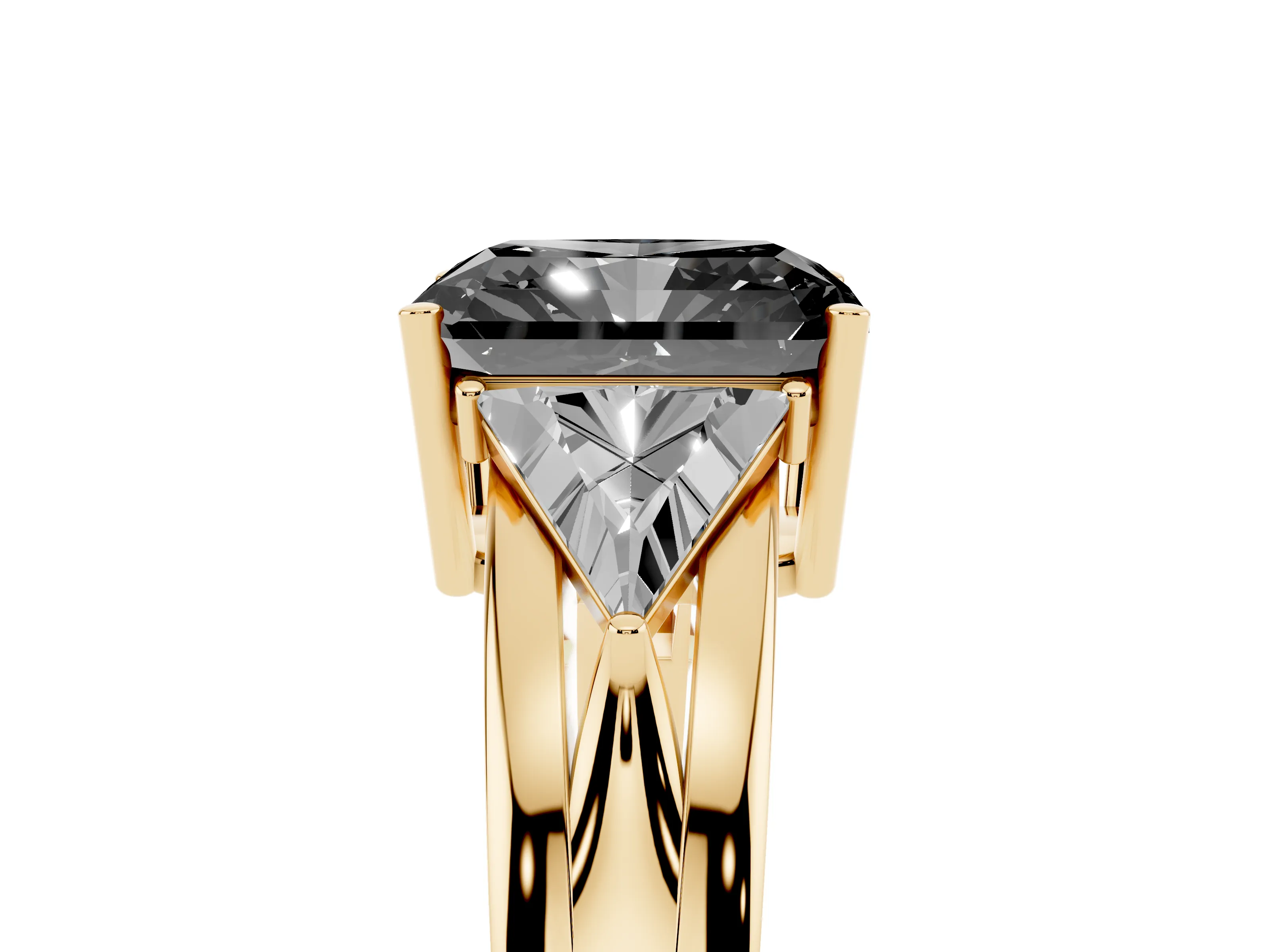Fancy Black Radiant Cut Diamond Three-Stone Ring Set in Yellow gold with Trillion Side Stones and Split Shank