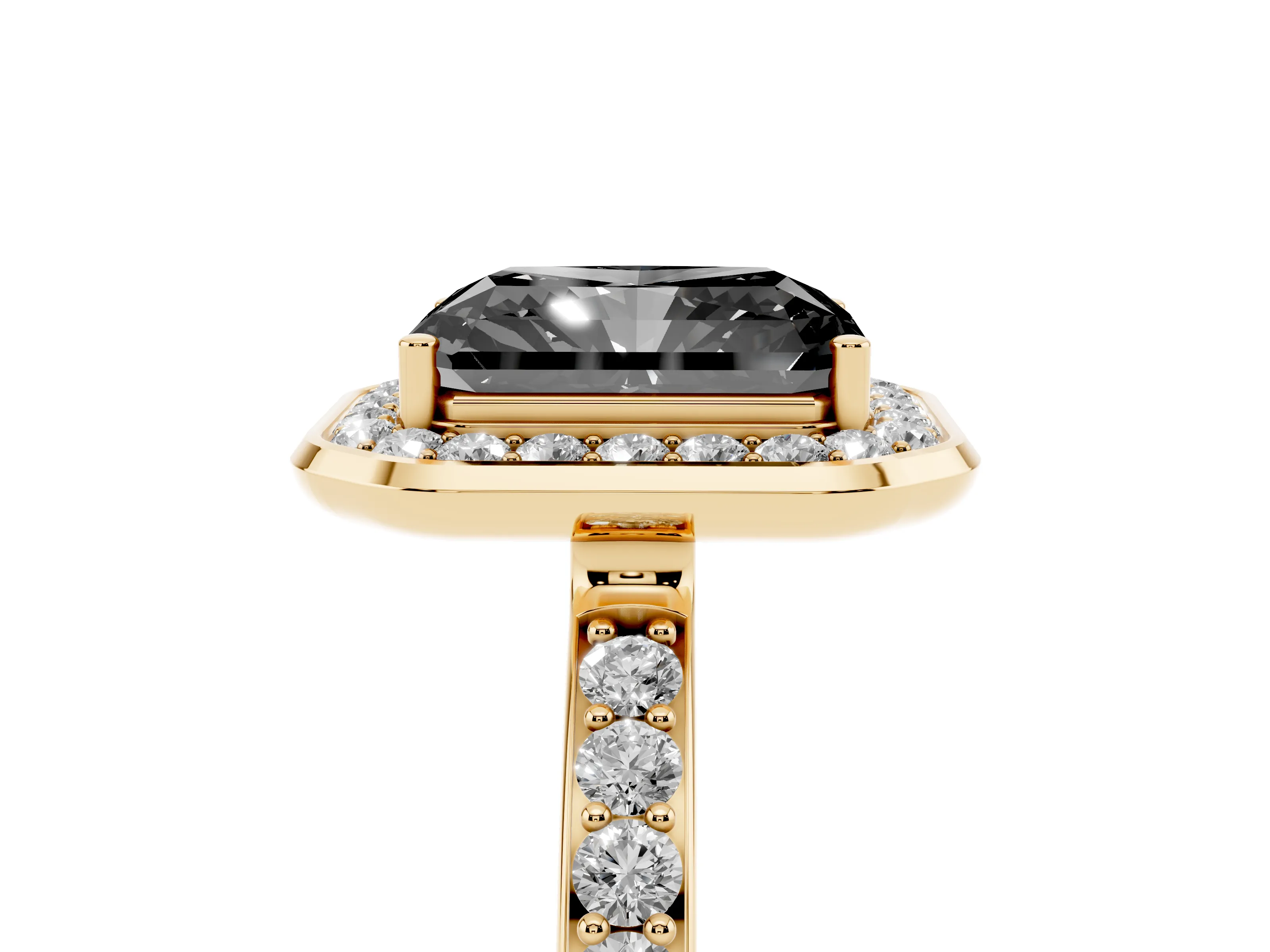 Fancy Black Radiant Cut Diamond Halo Ring Set in Yellow gold with Bezel Frame and Pavé Band
