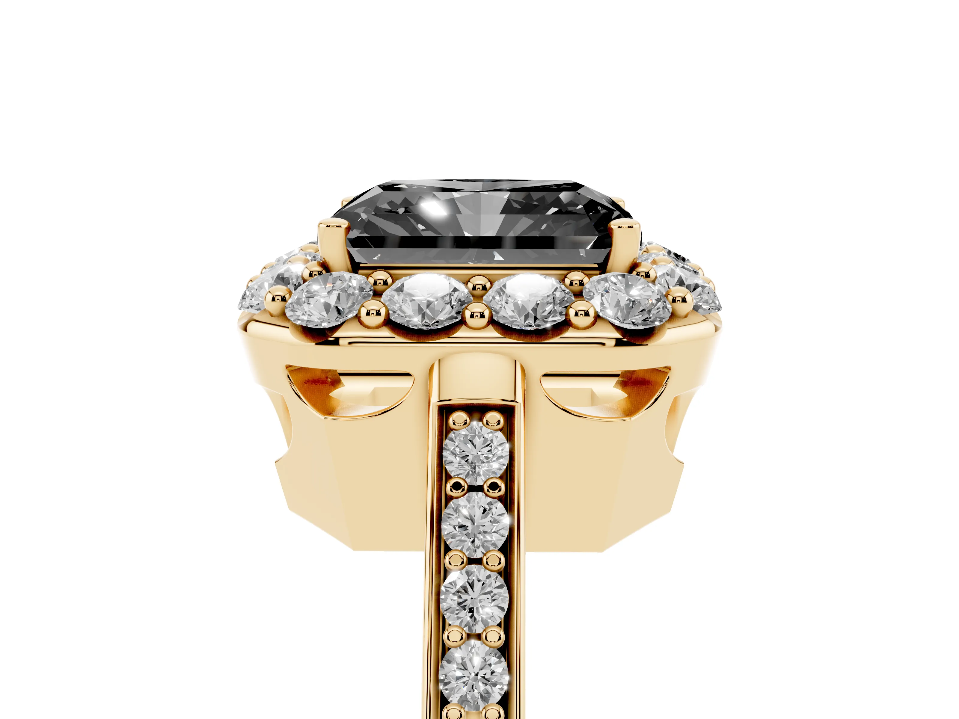 Fancy Black Radiant Cut Diamond Floral Halo Ring Set in Yellow gold with Pavé Band and Prong Setting