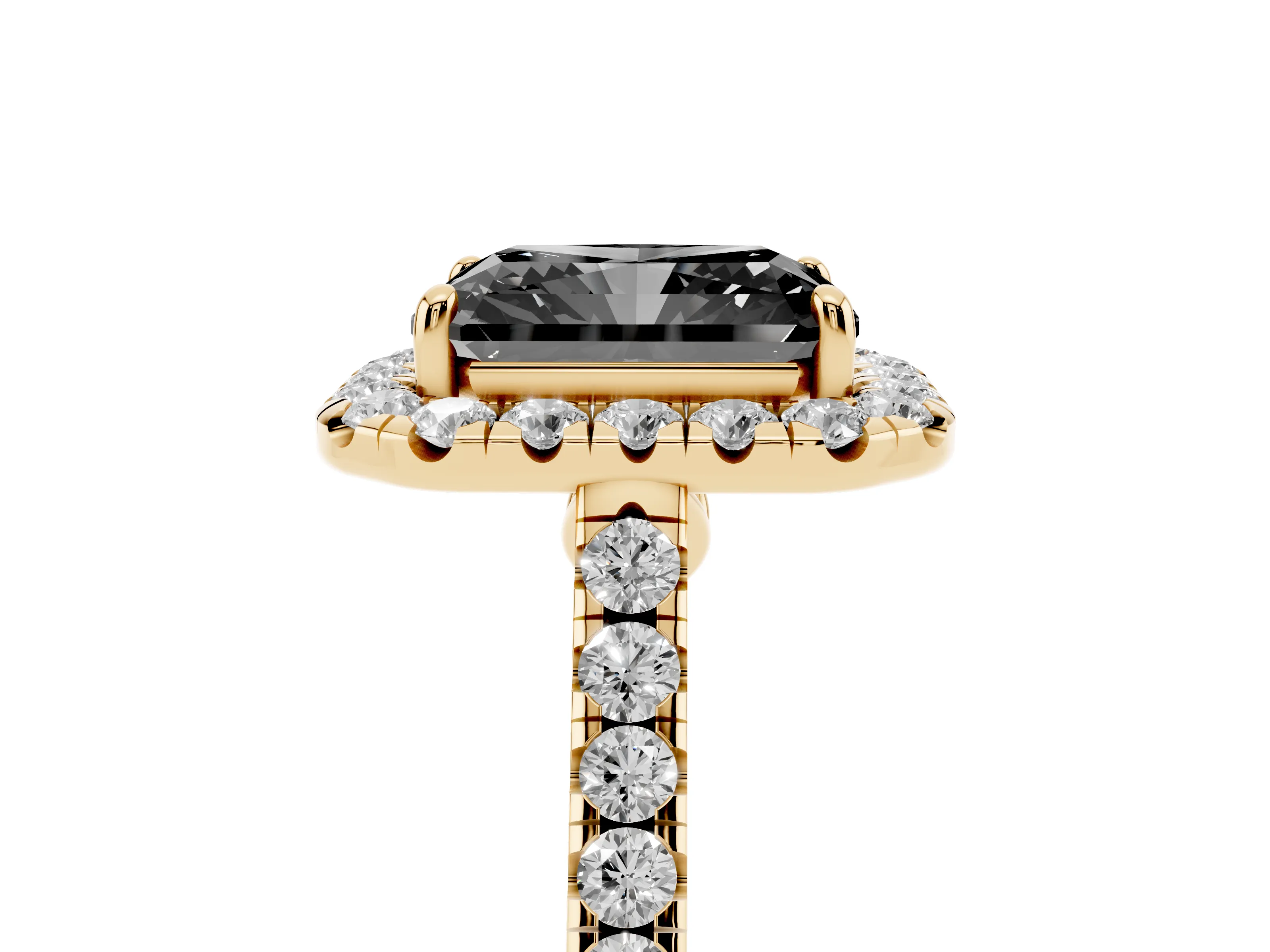 Fancy Black Radiant Cut Diamond Halo Pavé Engagement Ring Set in Yellow gold with Prong Setting
