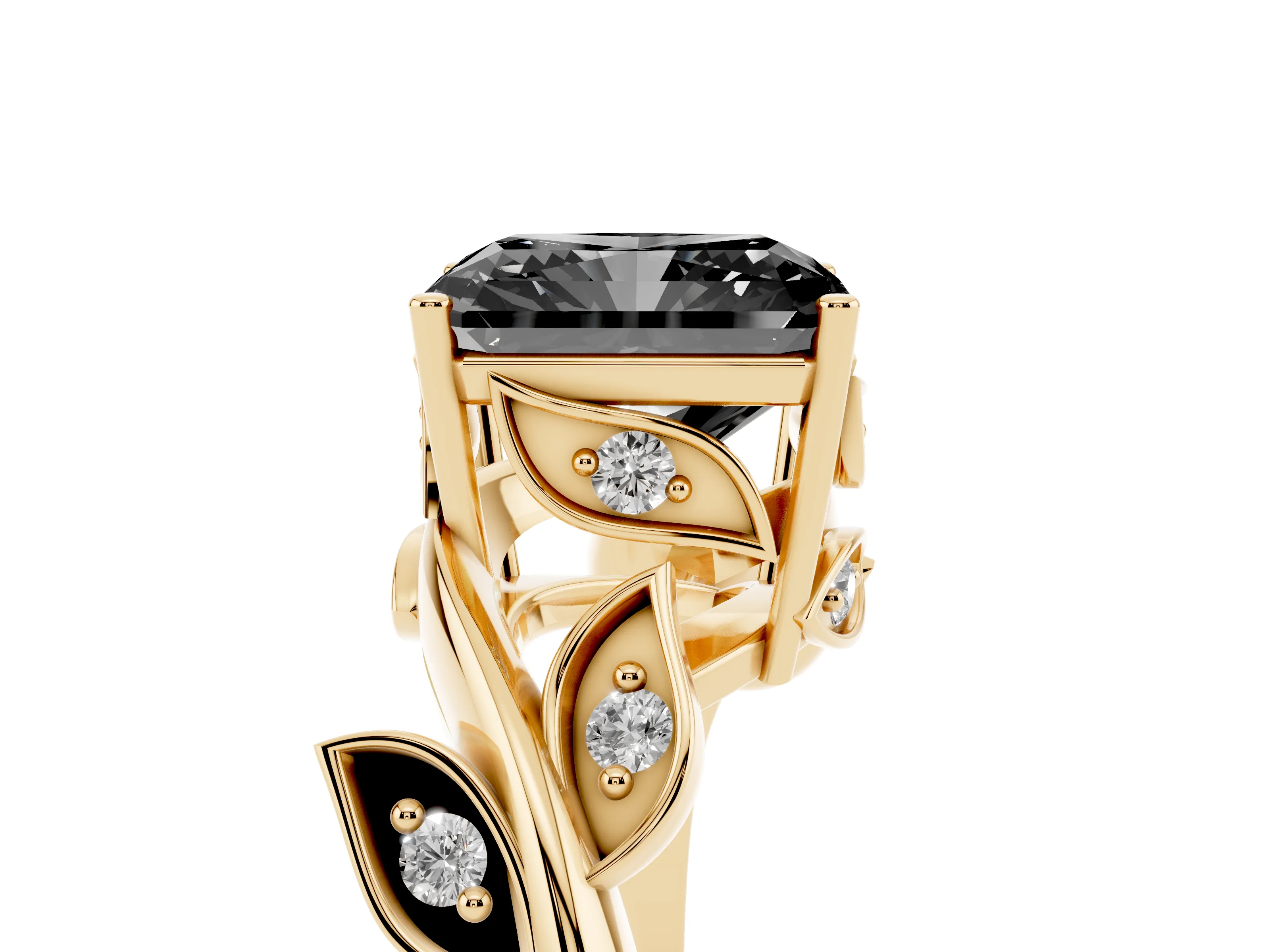 Fancy Black Radiant Cut Diamond Solitaire Twist Engagement Ring Set in Yellow gold with Pavé Leaf Accents