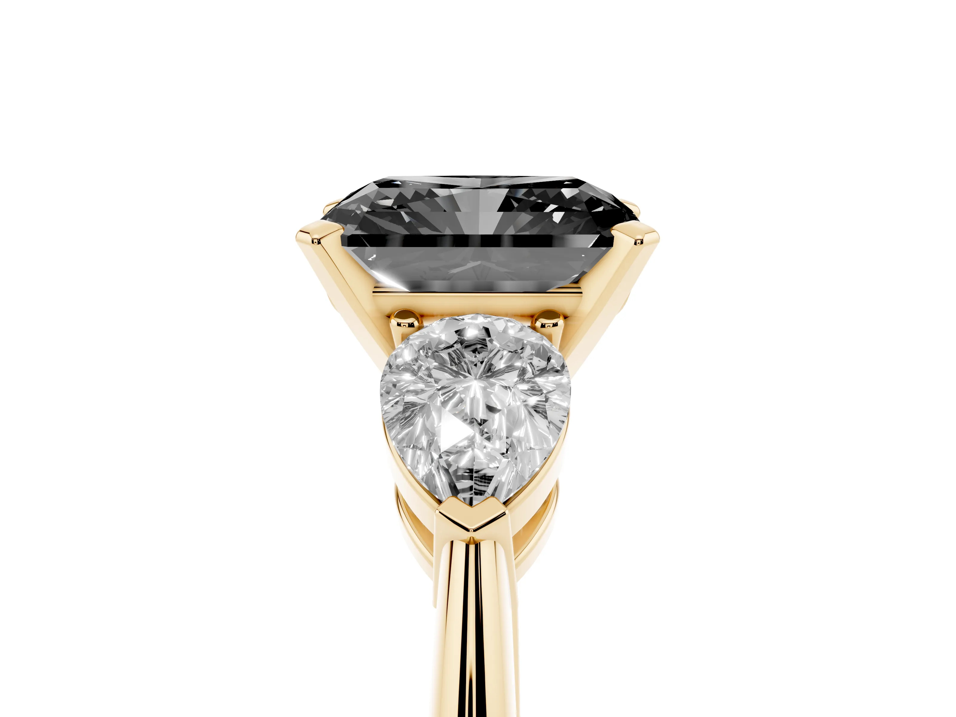 Fancy Black Three-Stone Radiant Cut Diamond Ring Set in Yellow gold with Pear Side Stones and Prong Setting
