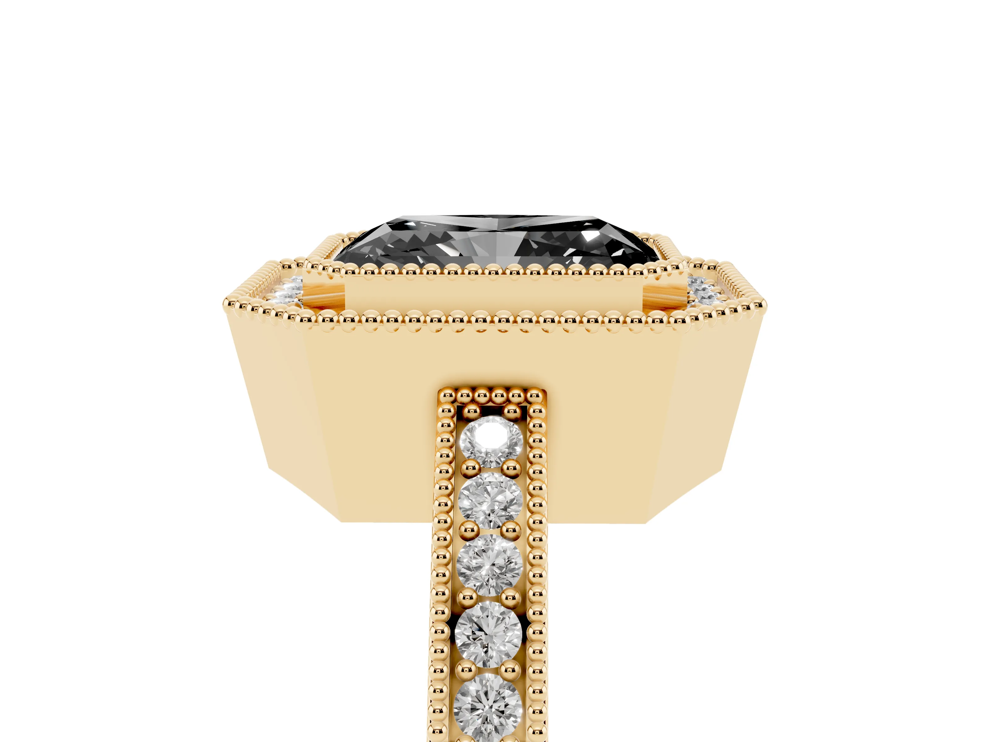 Fancy Black Radiant Cut Diamond Round Halo Ring Set in Yellow gold with Pavé Band