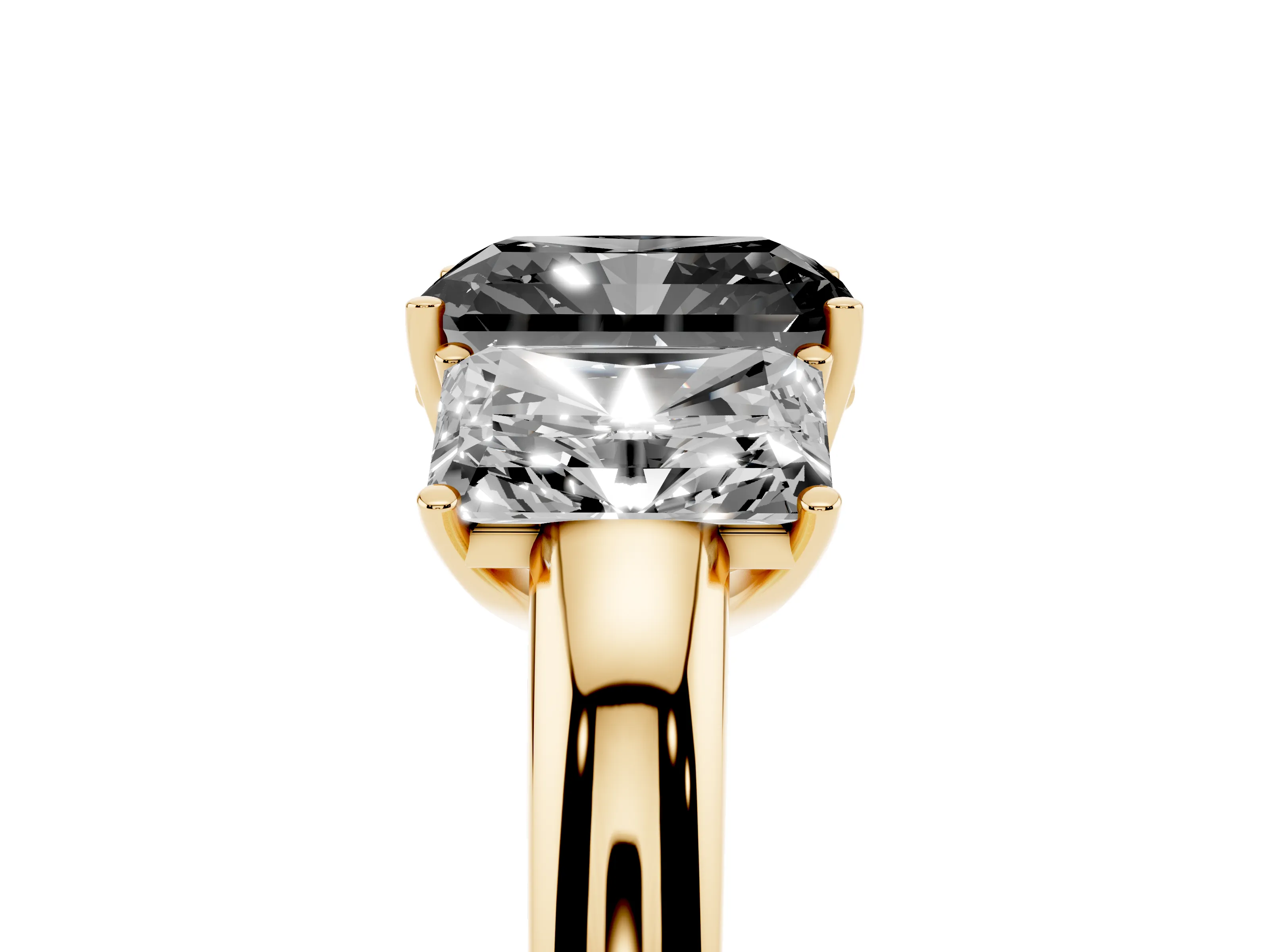 Fancy Black Radiant Cut Diamond Three-Stone Ring Set in Yellow gold with Bold Center and Classic Band