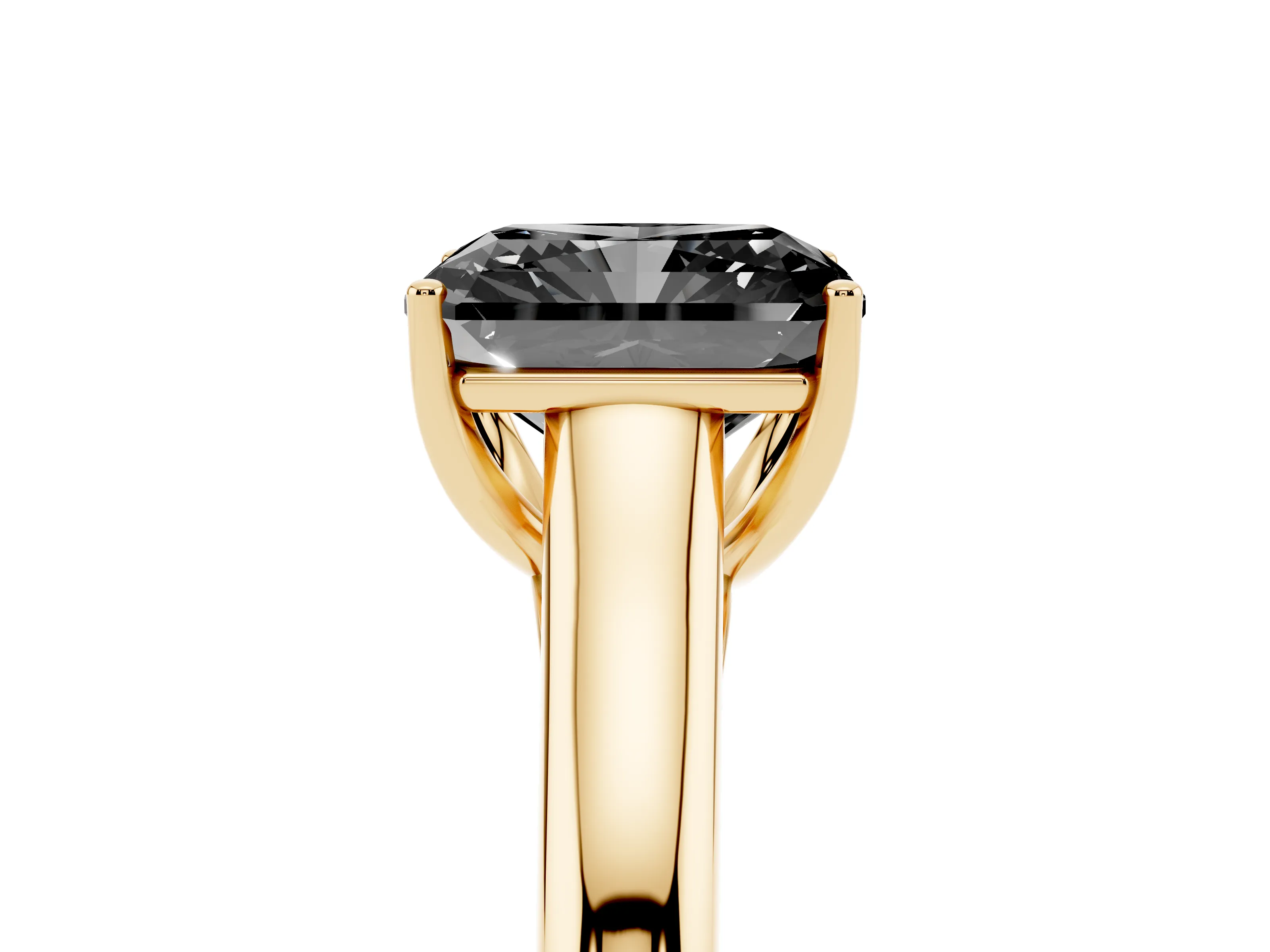 Fancy Black Radiant Cut Diamond Solitaire Engagement Ring Set in Yellow gold with Subtly Tapered Band and Prong Setting