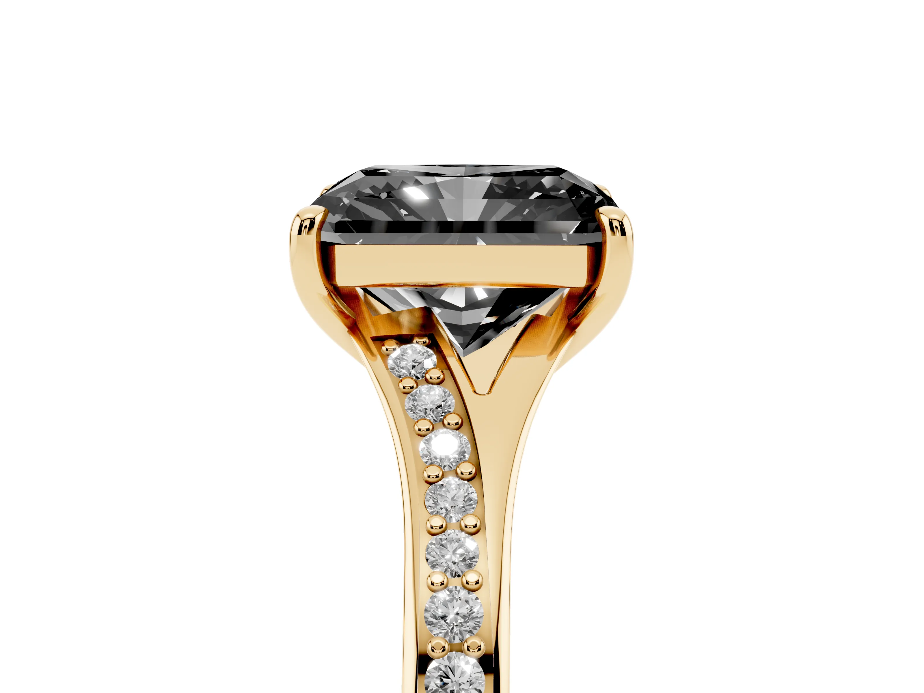Fancy Black Radiant Cut Diamond Solitaire Ring Set in Yellow gold with Pavé Accent Band and Classic Prong Setting