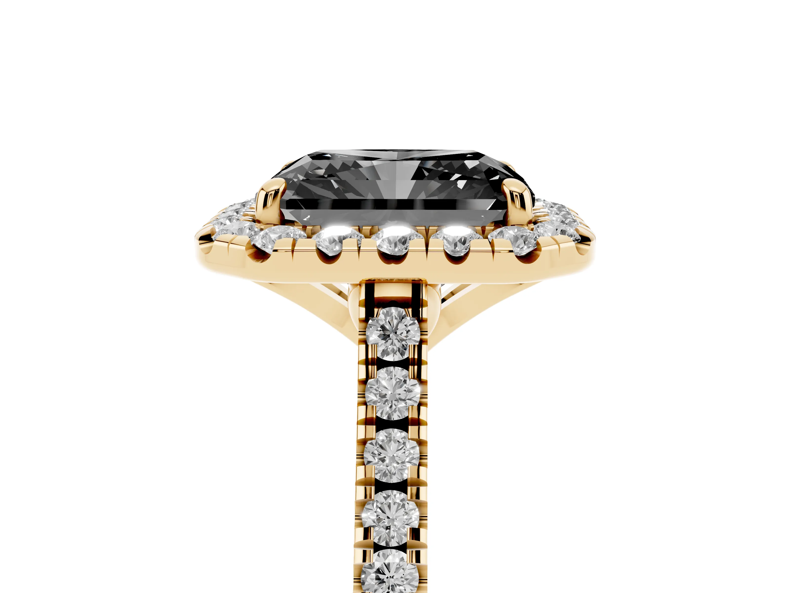 Fancy Black Radiant Cut Diamond Cushion Halo Ring Set in Yellow gold with Pavé Band