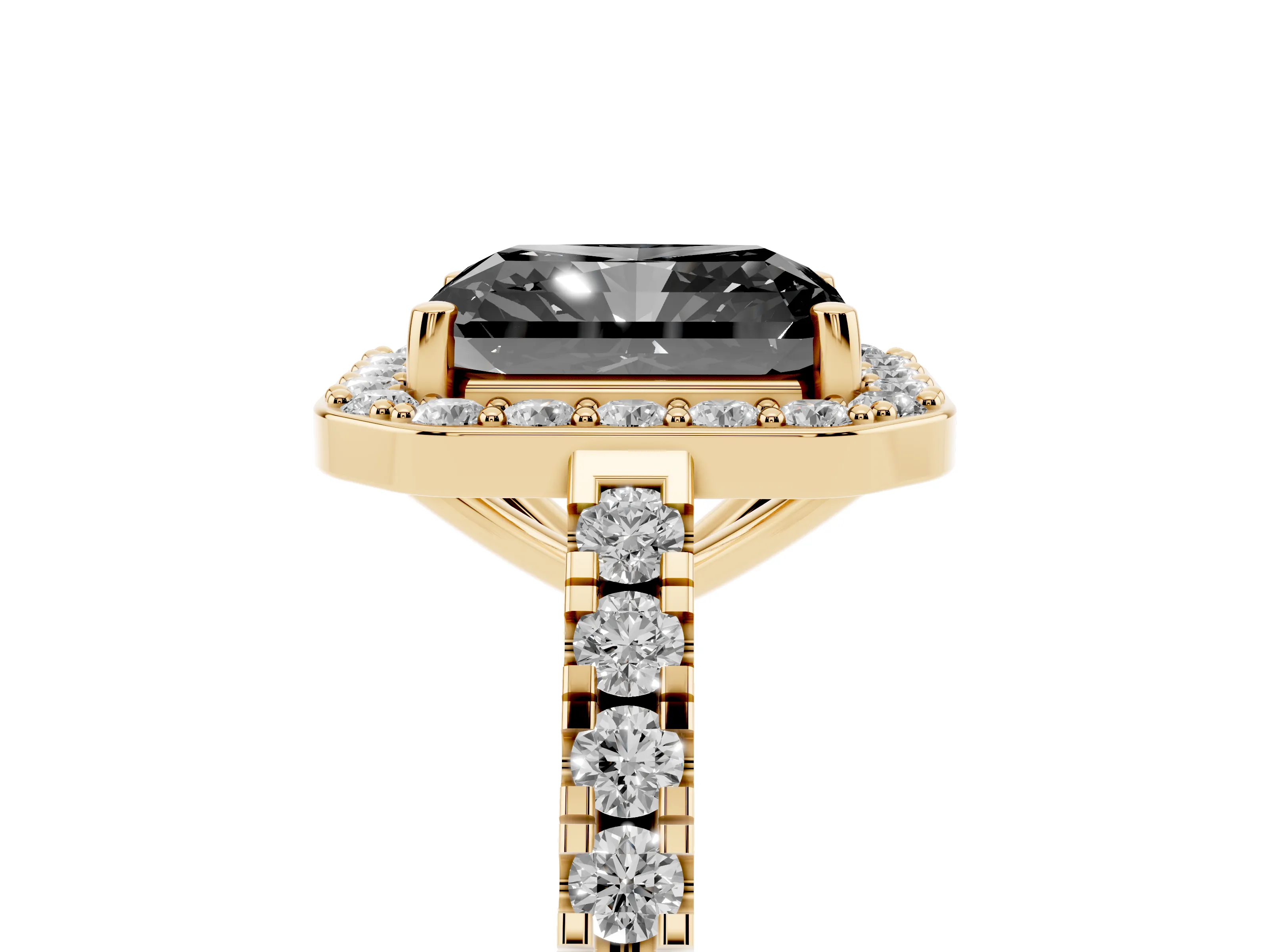 Fancy Black Radiant Cut Diamond Halo Ring Set in Yellow gold with Round Pavé Split Shank and Prong Setting