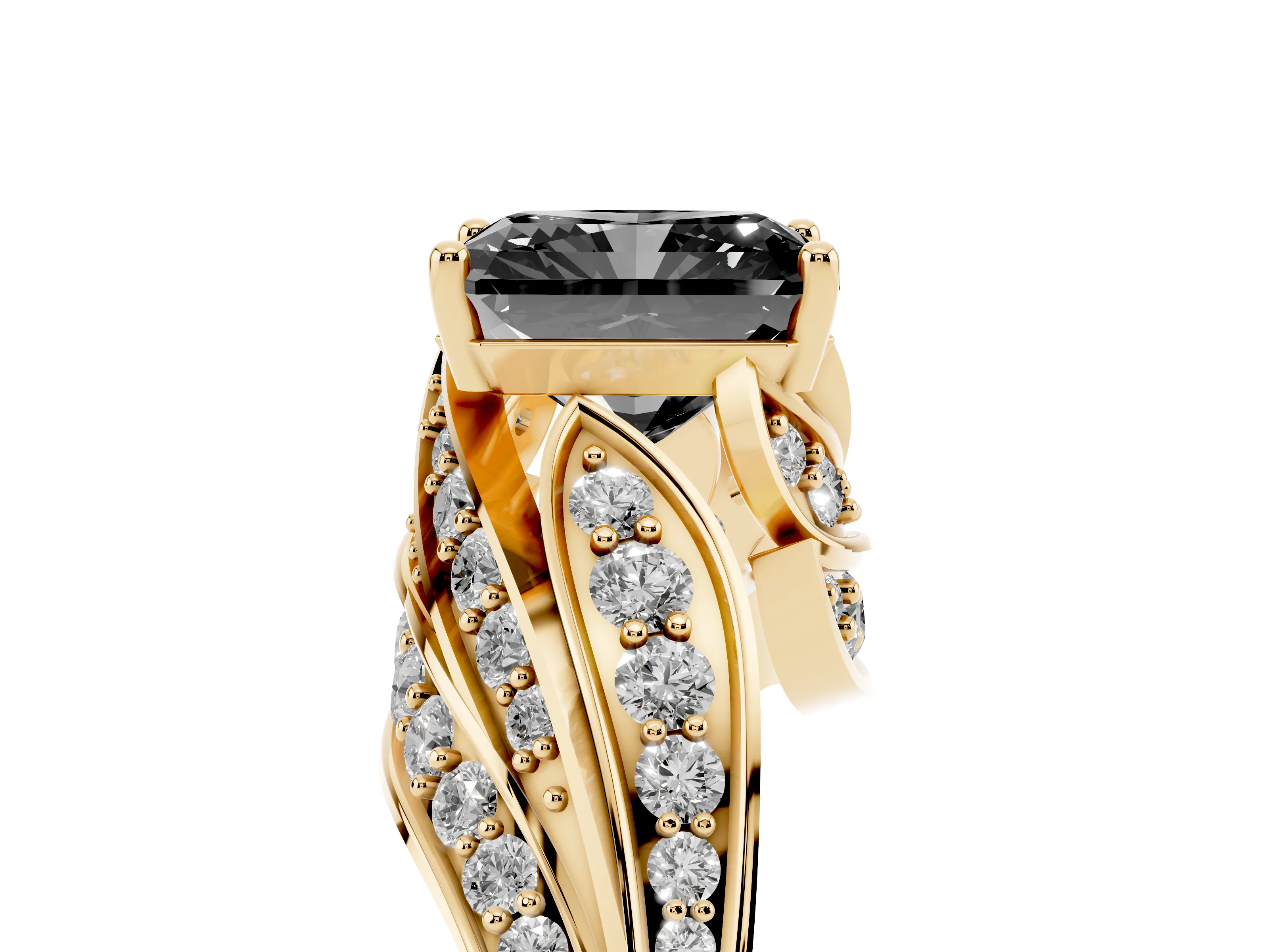 Fancy Black Radiant Cut Diamond Solitaire Ring Set in Yellow gold with Layered Twist Pavé Band