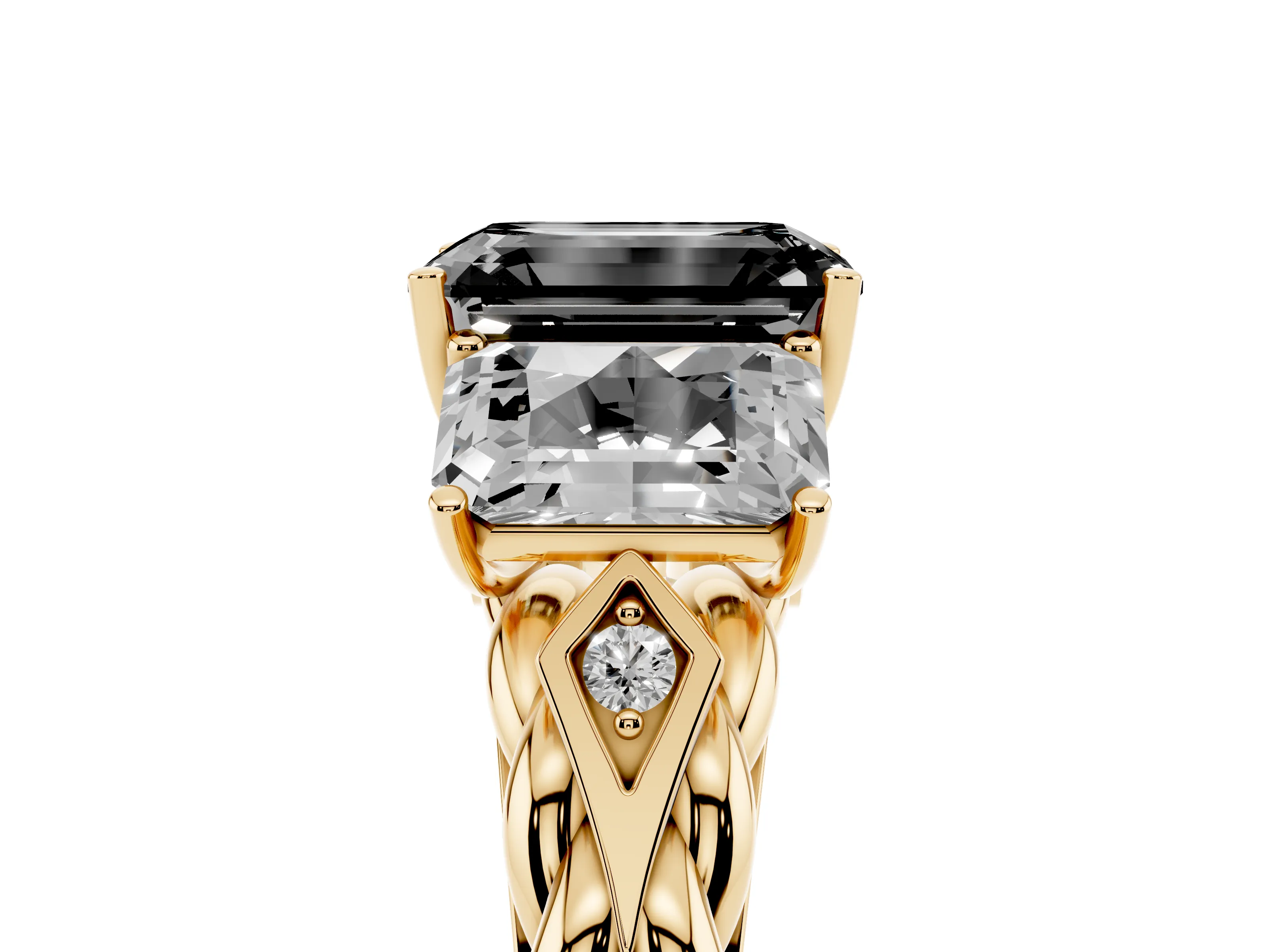 Fancy Black Radiant Cut Diamond Three-Stone Ring Set in Yellow gold with Braided Band