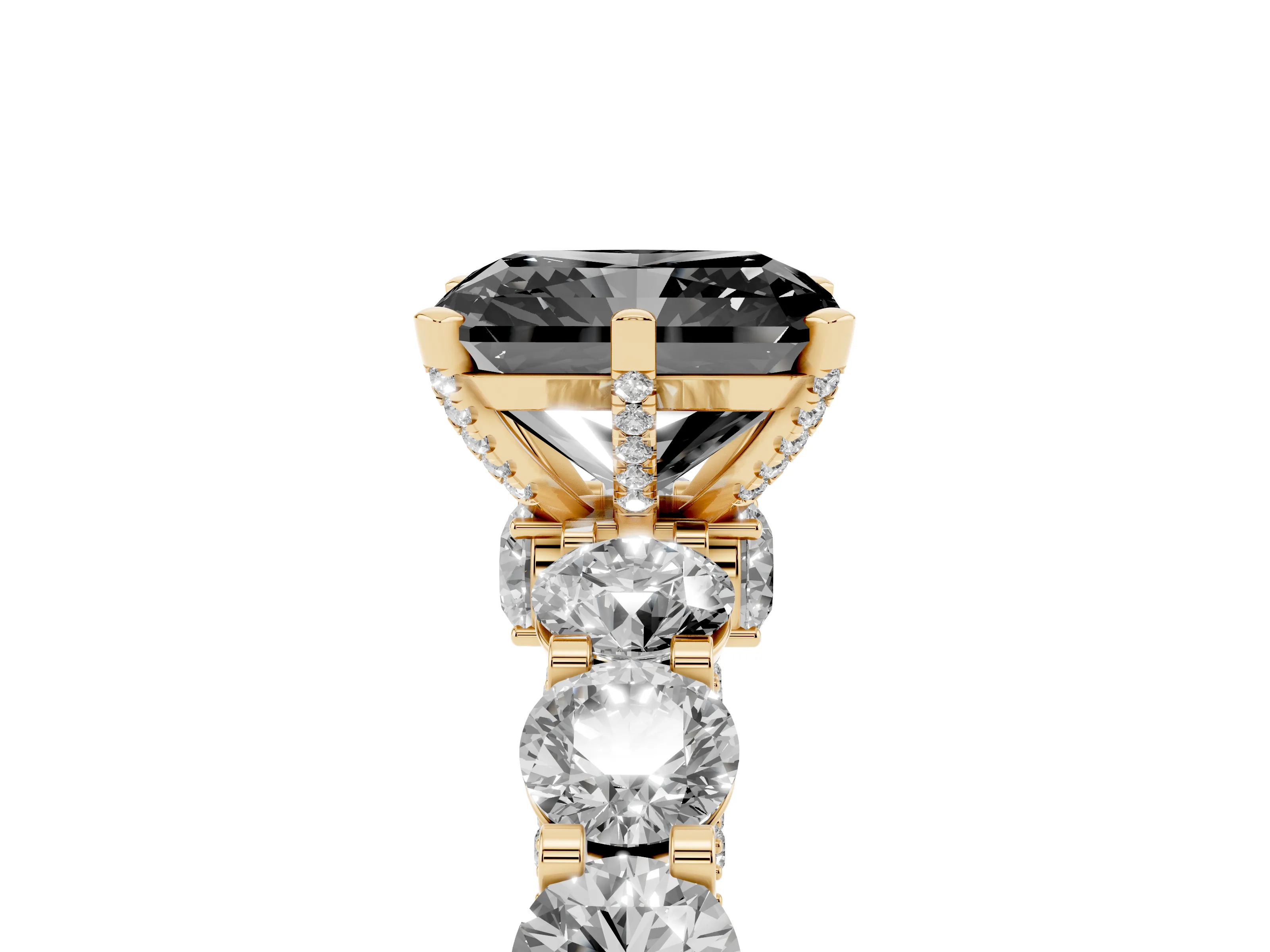 Fancy Black Radiant Cut Diamond Side Stone Ring Set in Yellow gold with Alternating Round and Oval Side Stones
