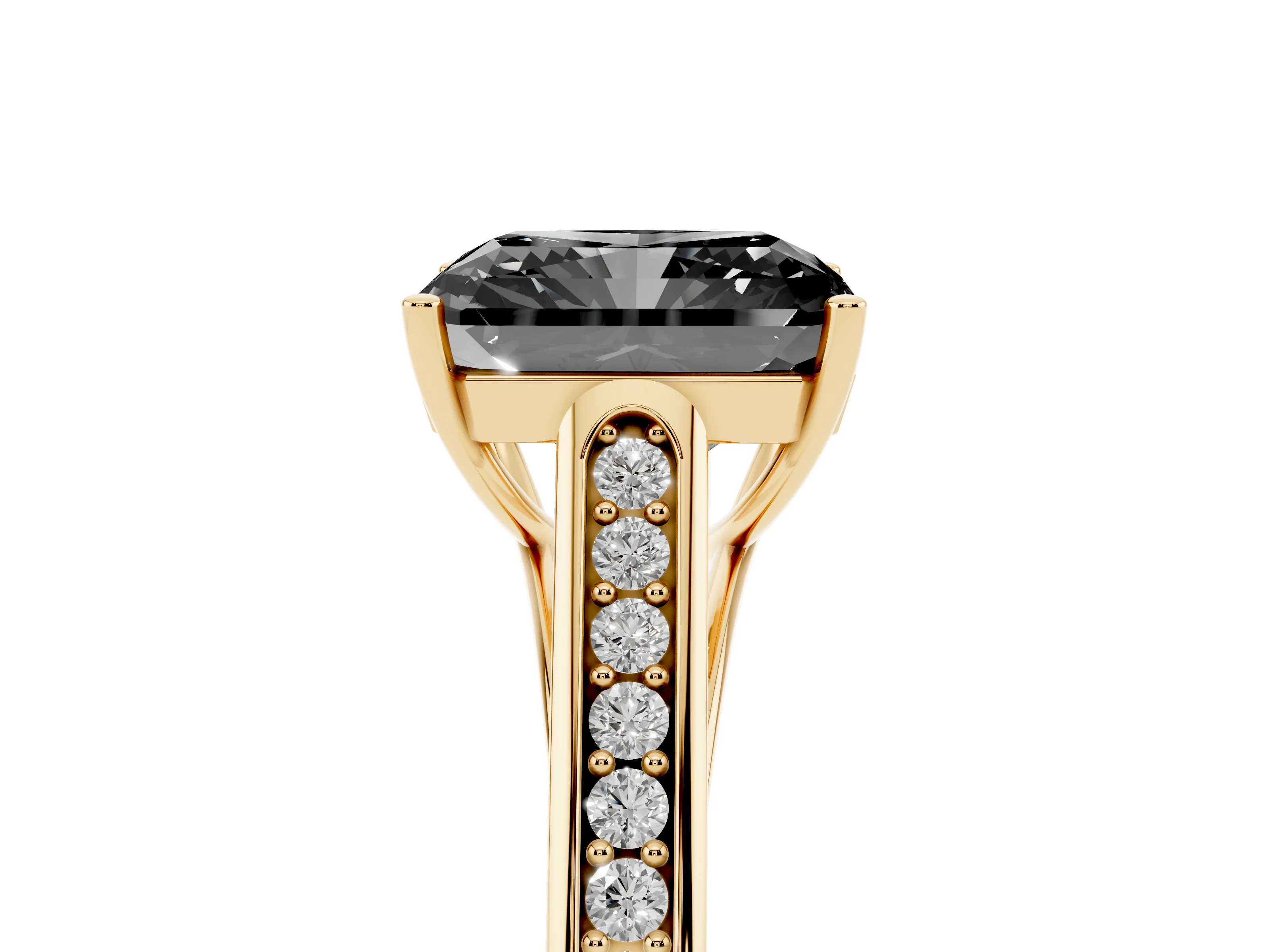 Fancy Black Radiant Cut Diamond Solitaire Cathedral Engagement Ring Set in Yellow gold with Channel-Set Band and Prong Setting