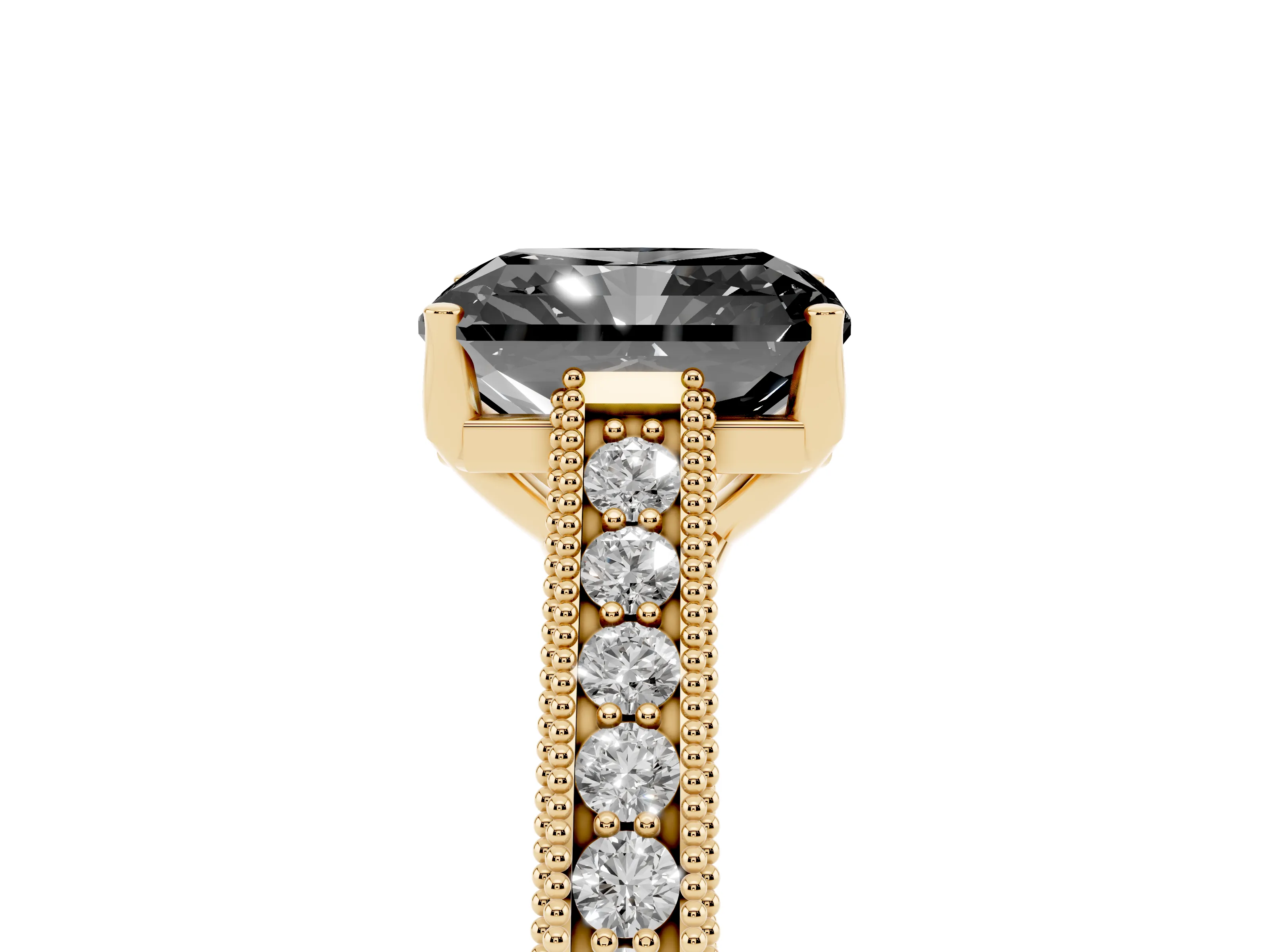 Fancy Black Radiant Cut Diamond Milgrain Pavé Band Solitaire Ring Set in Yellow gold with Prong Setting