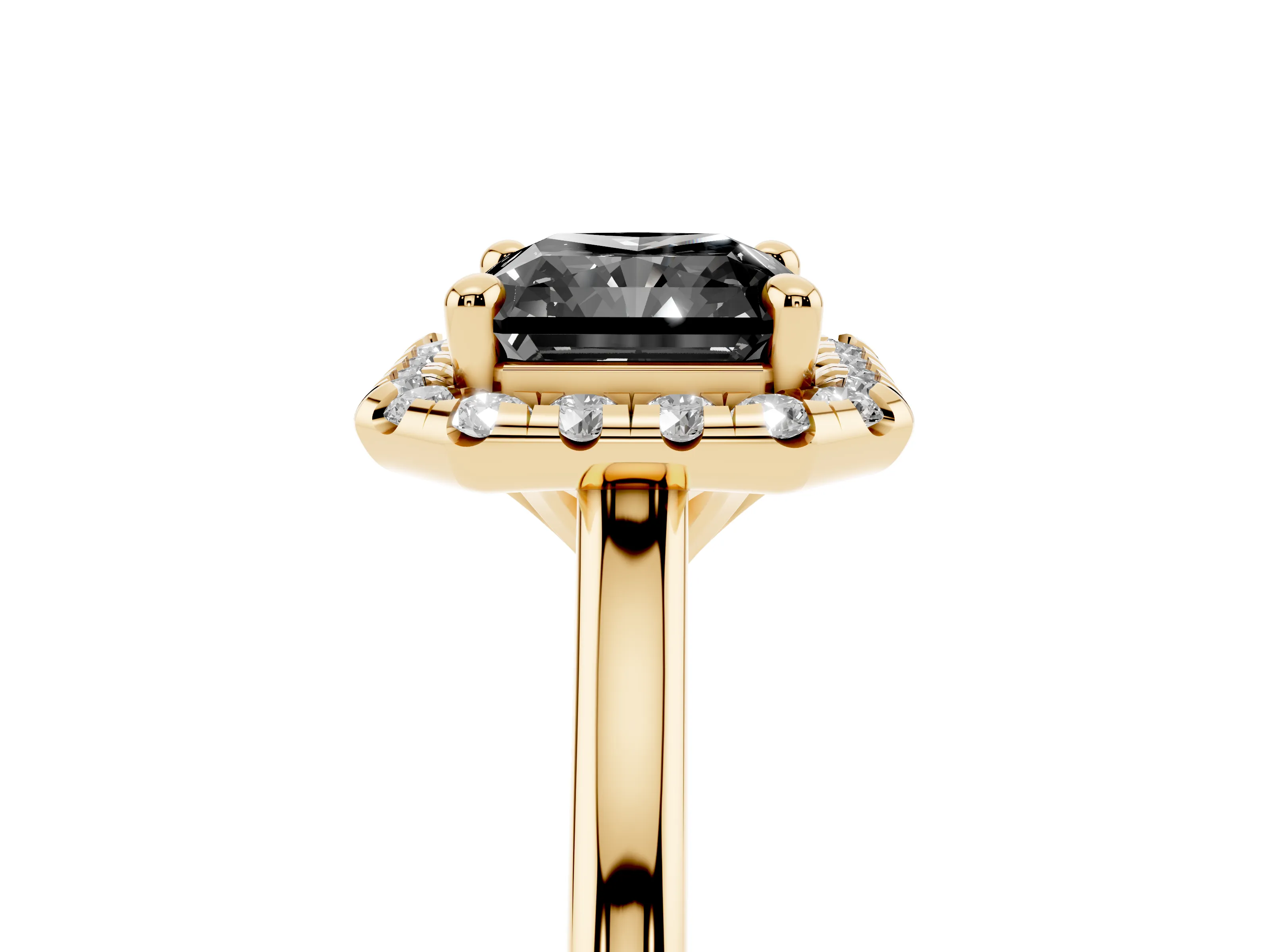 Fancy Black Radiant Cut Diamond Halo Engagement Ring Set in Yellow gold with Pavé Band and Rising Shoulders