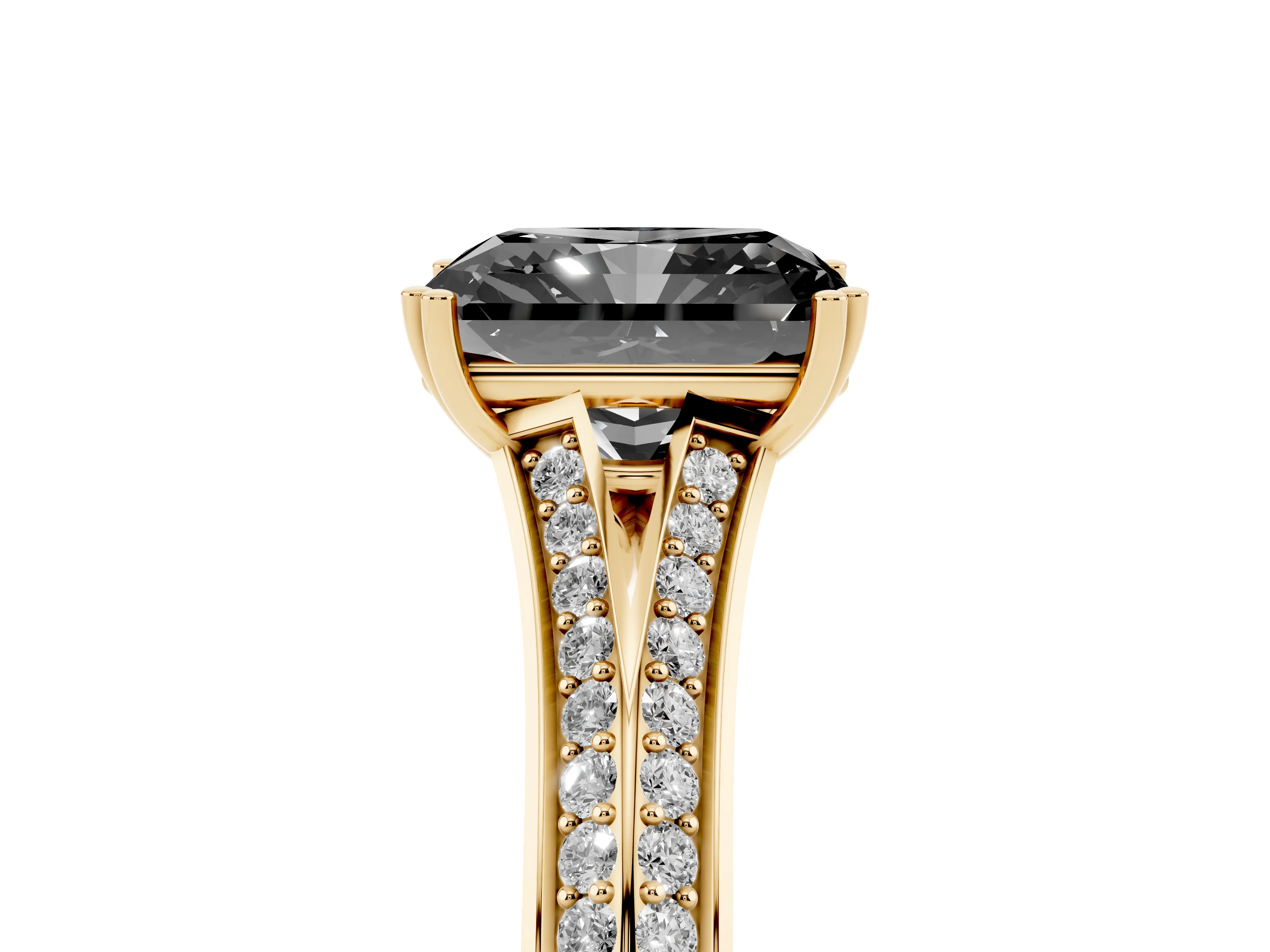 Fancy Black Radiant Cut Diamond Split Shank Pavé Engagement Ring Set in Yellow gold with Prong-Set Center Stone