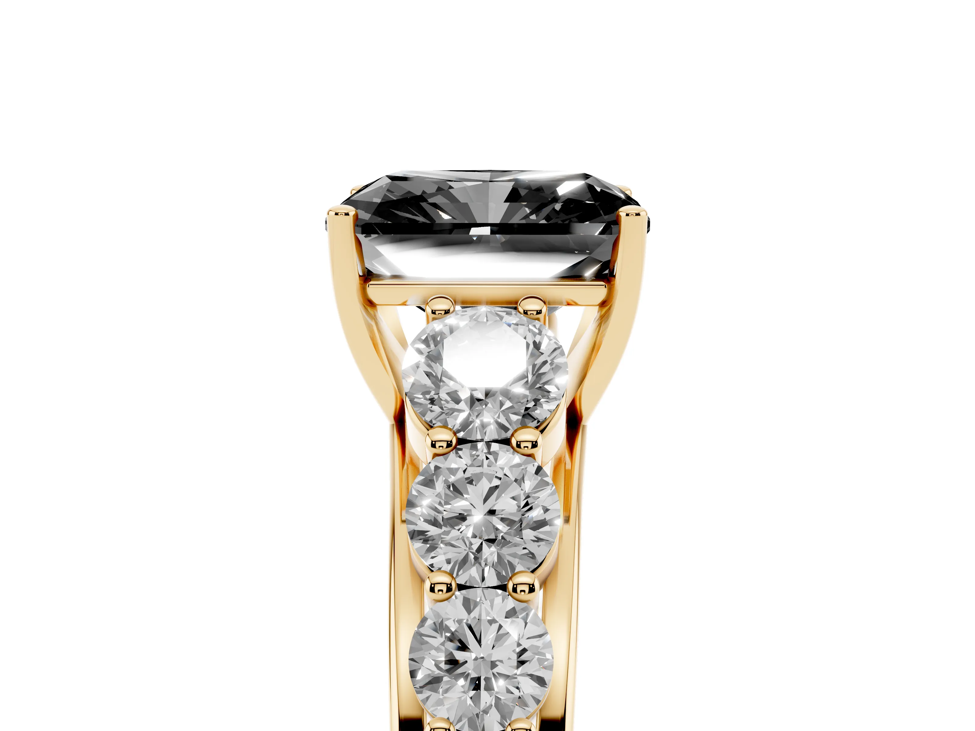 Fancy Black Radiant Cut Diamond Solitaire Ring Set in Yellow gold with Pavé-Set Band and Prong Setting