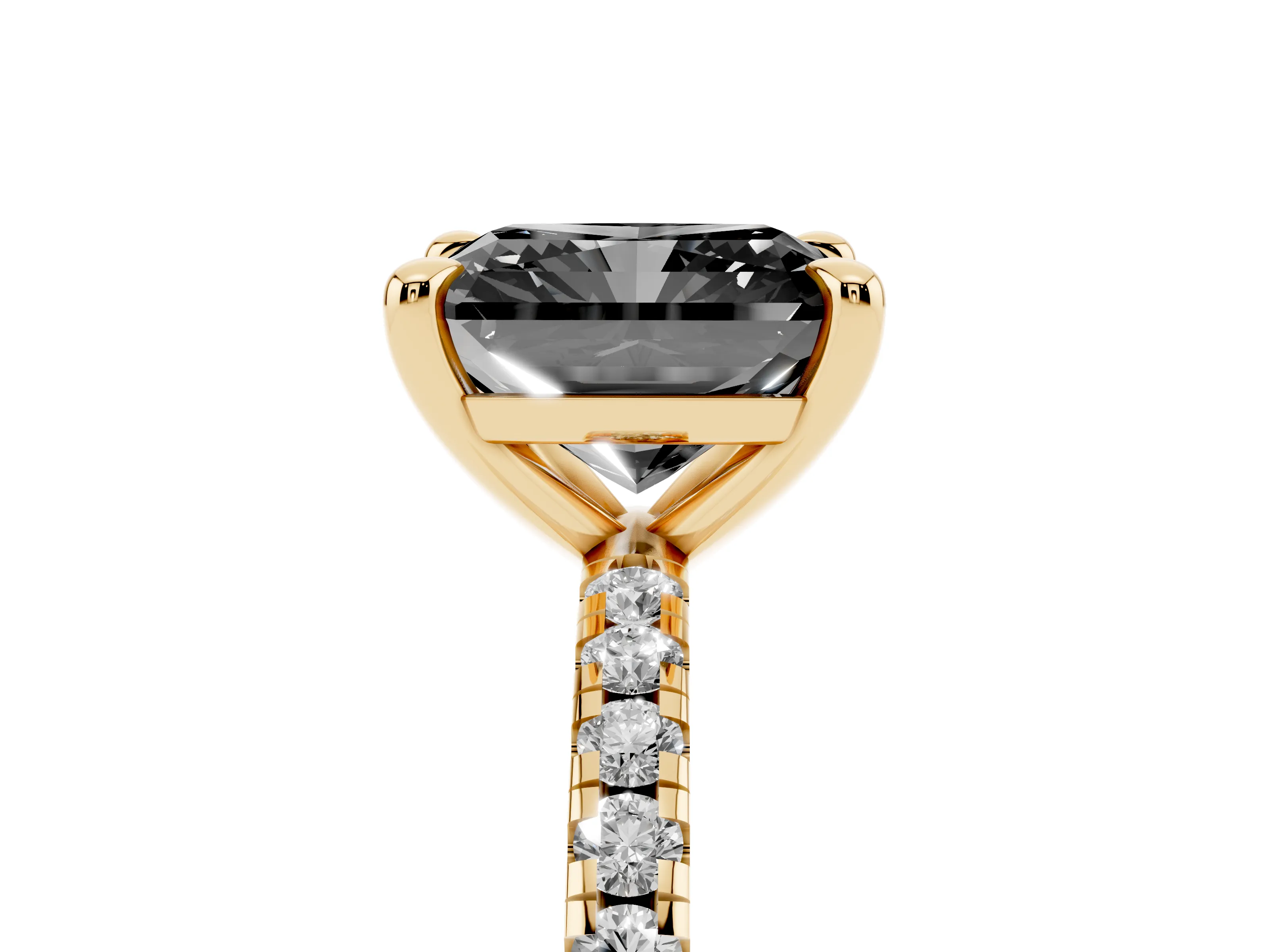 Fancy Black Radiant Cut Diamond Brilliant Solitaire Ring Set in Yellow gold with Pavé Band and Prong Setting