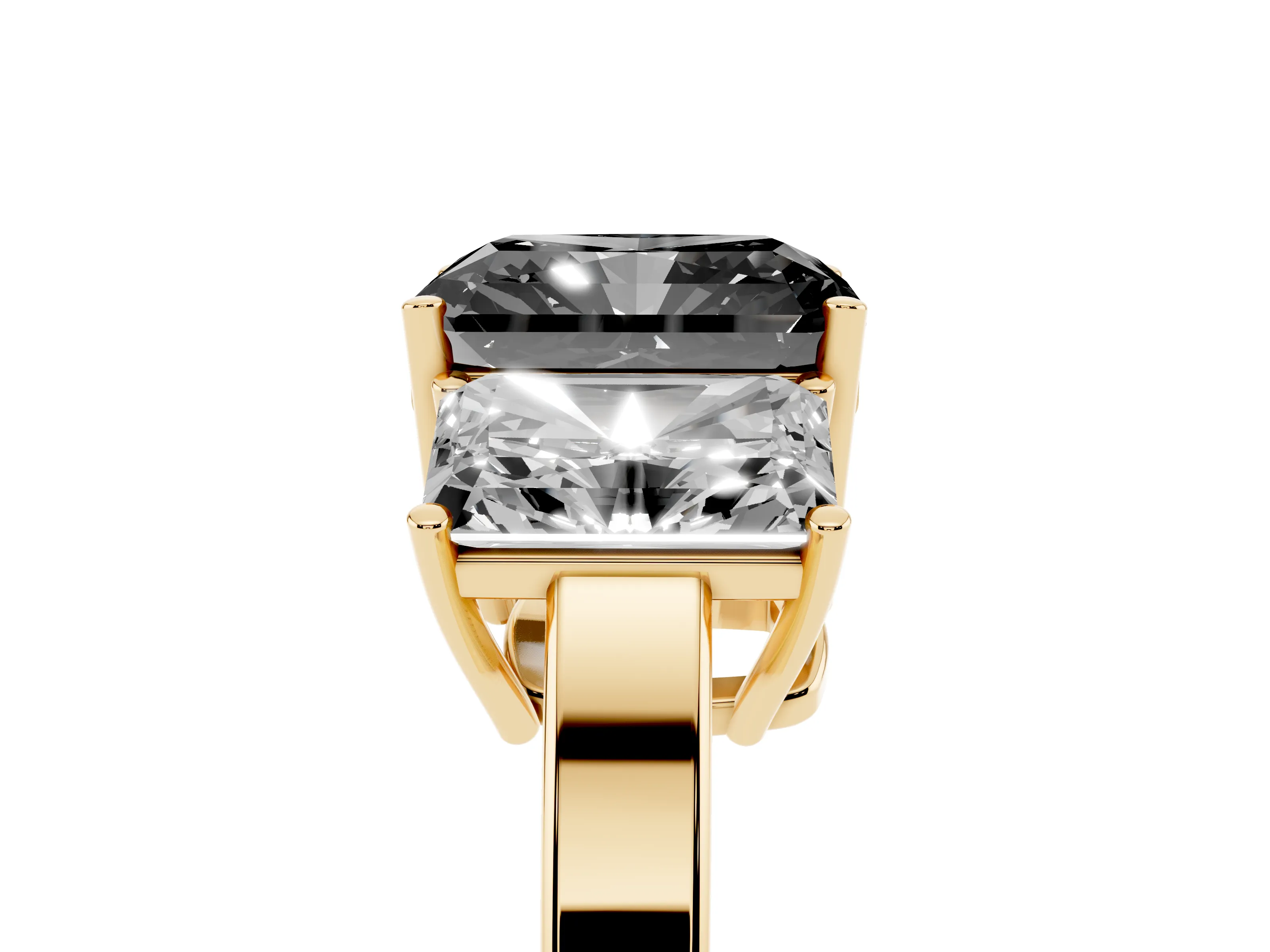Fancy Black Radiant Cut Diamond Three-Stone Engagement Ring Set in Yellow gold with Flat Band