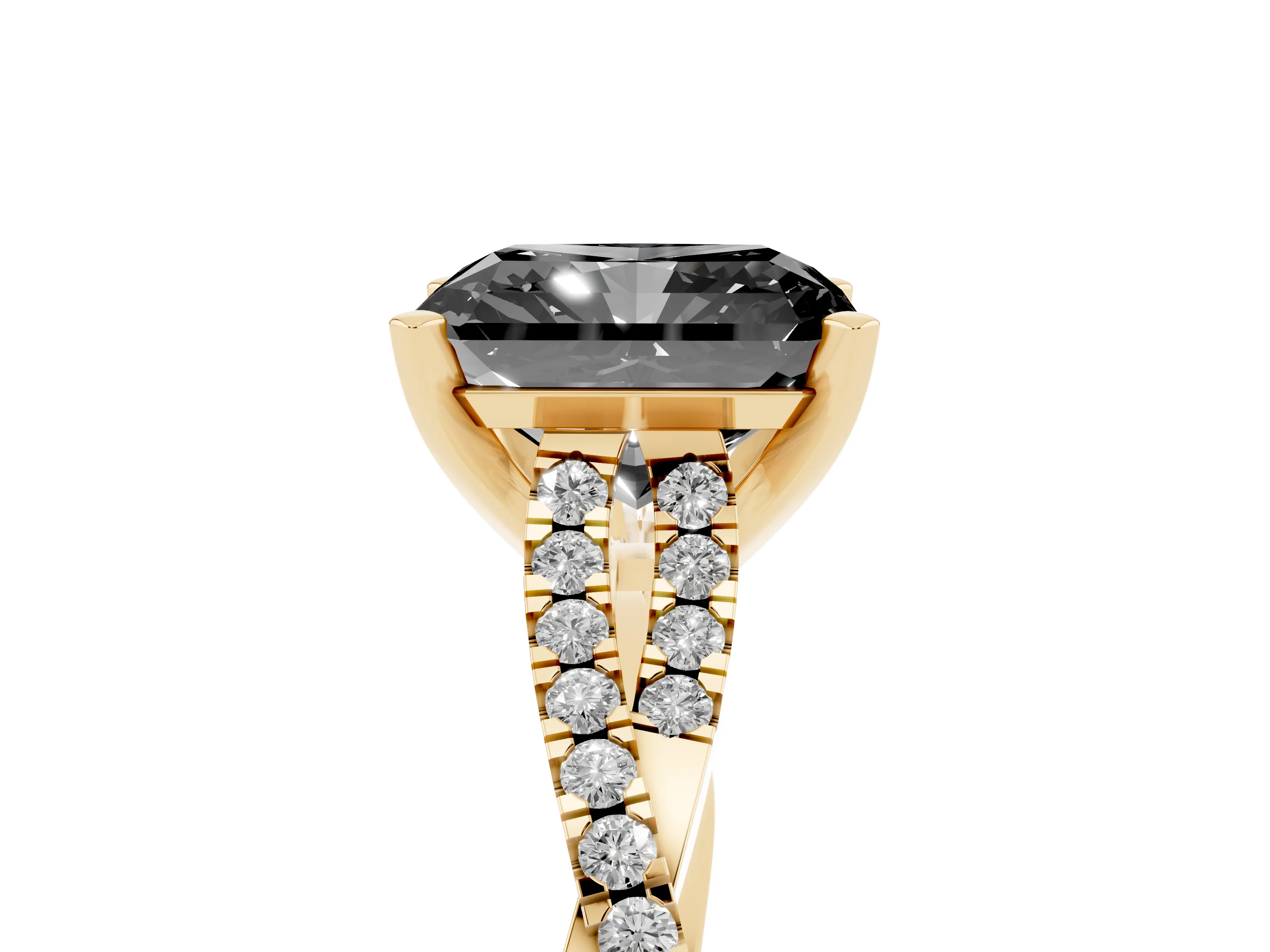 Fancy Black Radiant Cut Diamond Solitaire Engagement Ring Set in Yellow gold with Twisted Pavé Band and Prong Setting