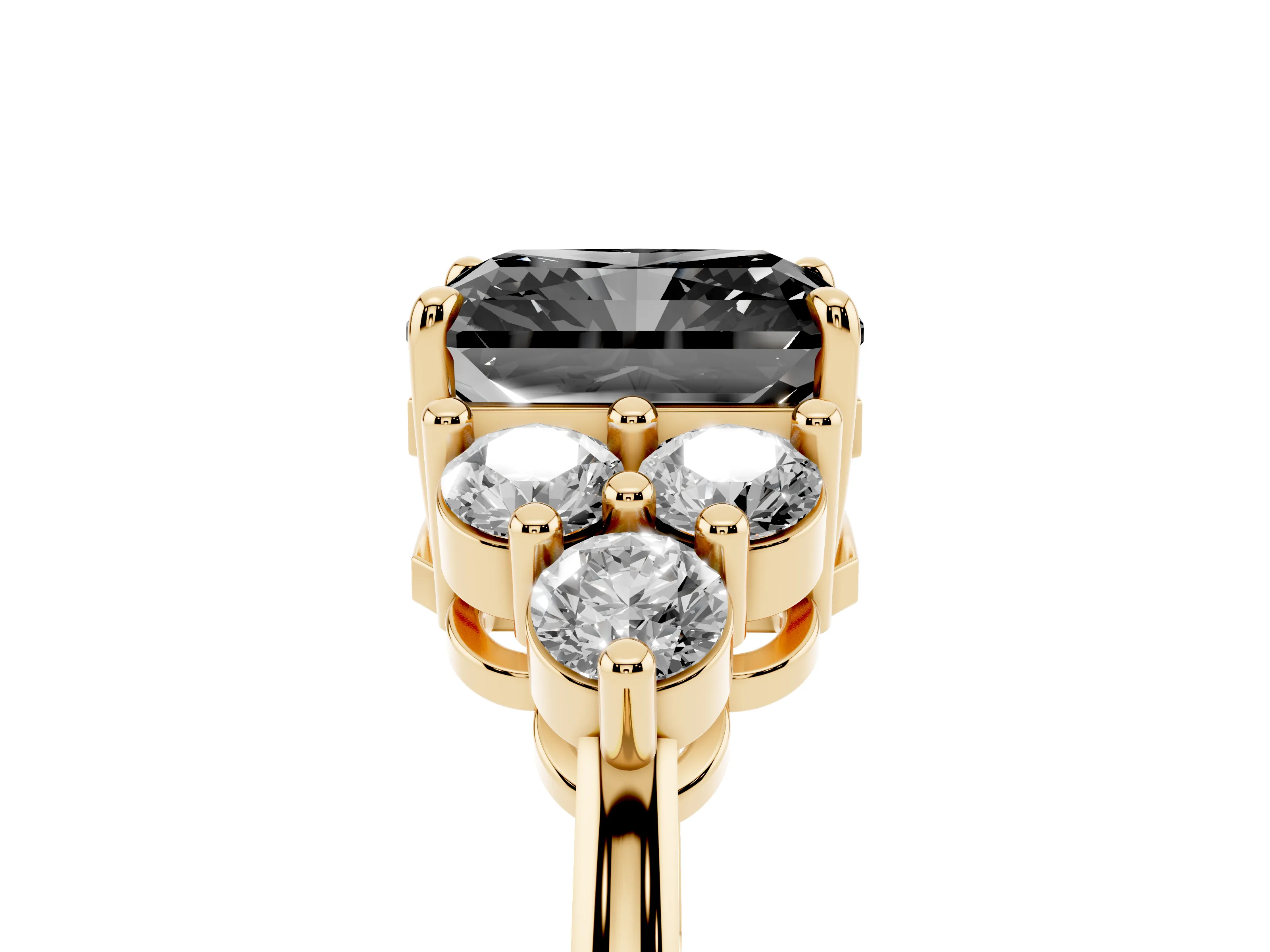 Fancy Black Radiant Cut Diamond Solitaire Ring Set in Yellow gold with Cluster Accents on Each Side