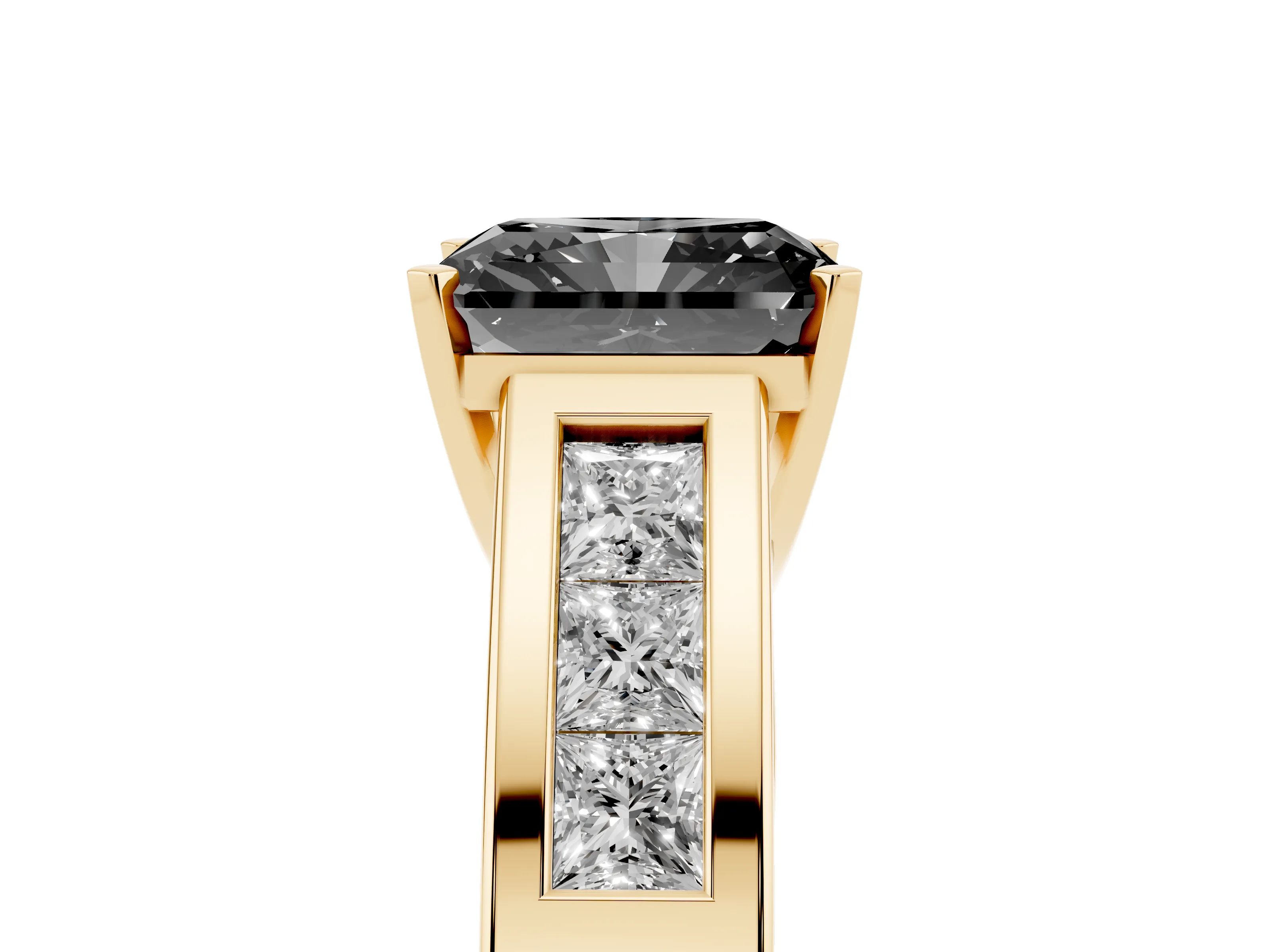 Fancy Black Radiant Cut Diamond Solitaire Ring Set in Yellow gold with Channel-Set Accent Stones and Prong Setting