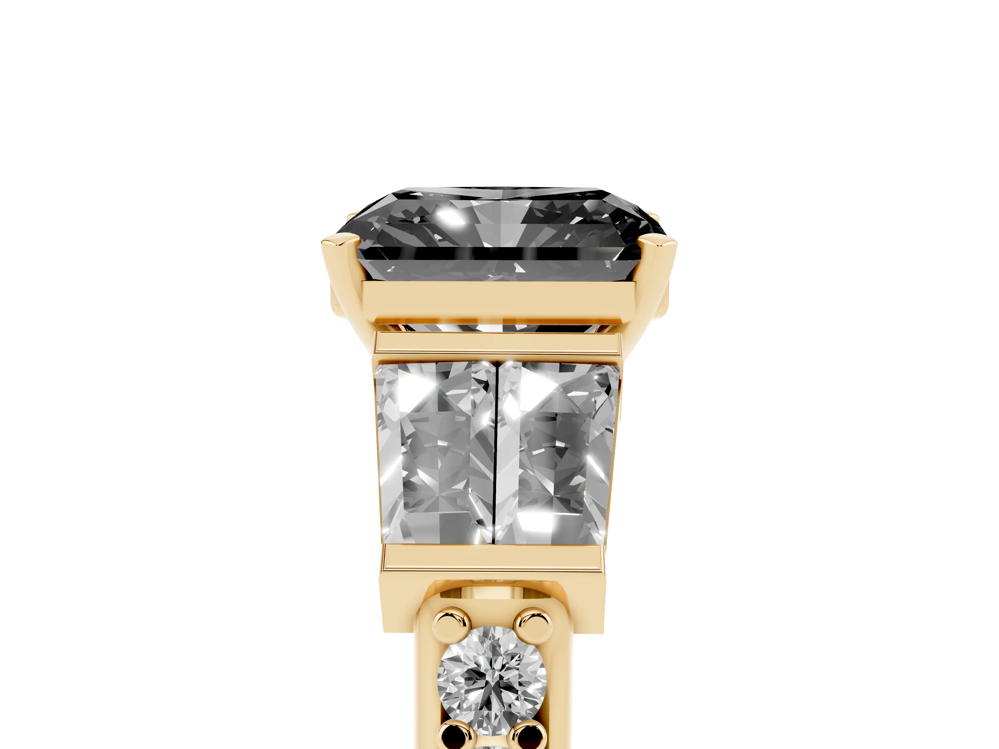 Fancy Black Radiant Cut Diamond Engagement Ring Set in Yellow gold with Baguette Side Stones and Channel Set Band