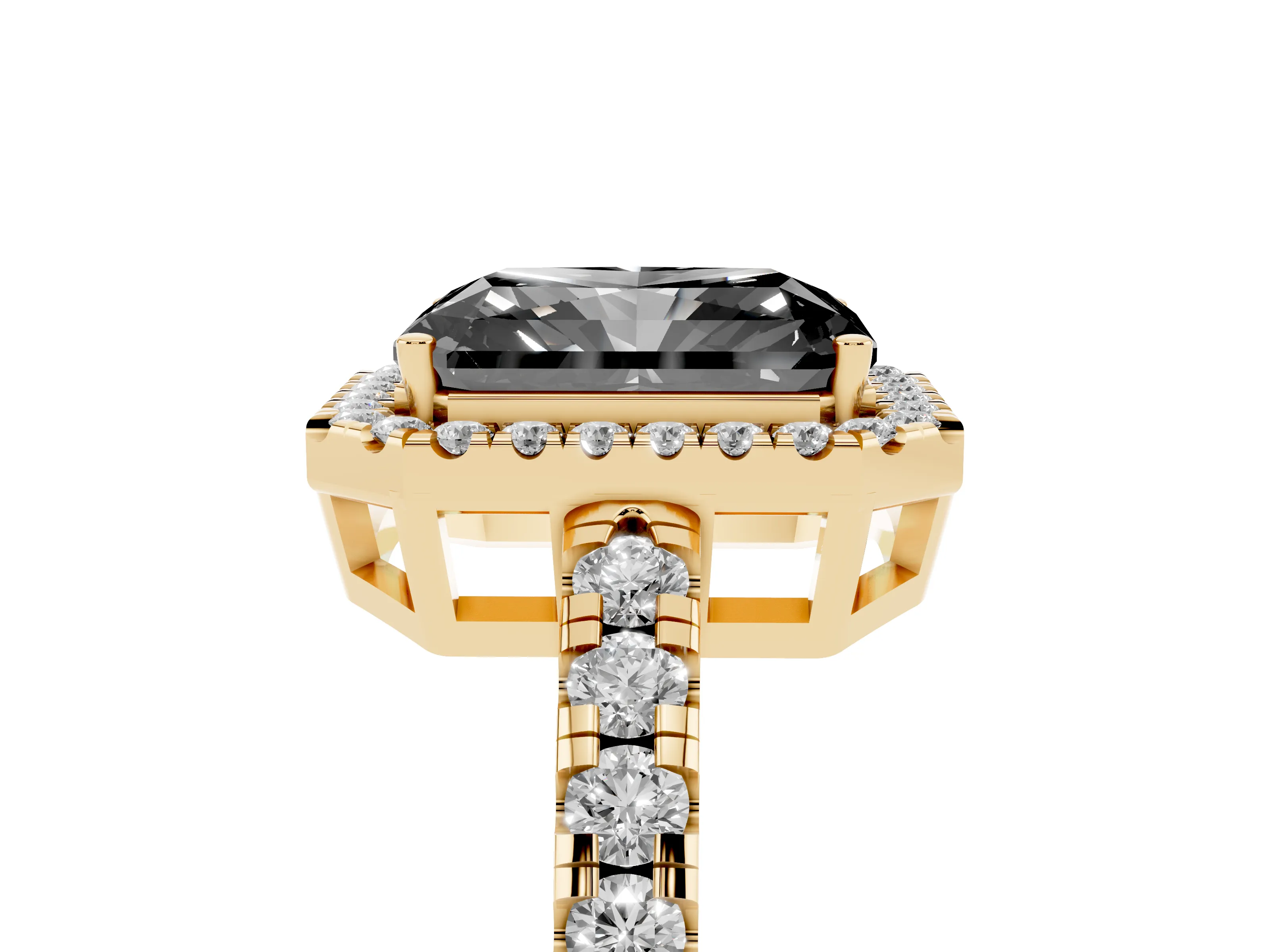 Fancy Black Radiant Cut Diamond Halo Ring Set in Yellow gold with Delicate Pavé Band and Prong Setting