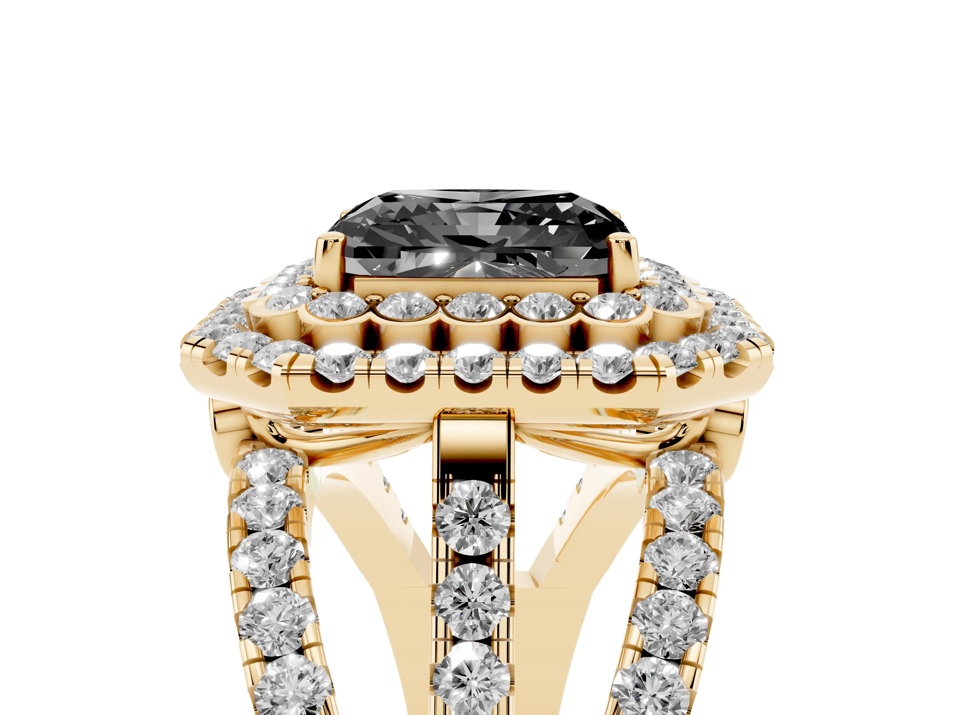 Fancy Black Radiant Cut Diamond Double Halo Ring Set in Yellow gold with Round Pavé Split Shank