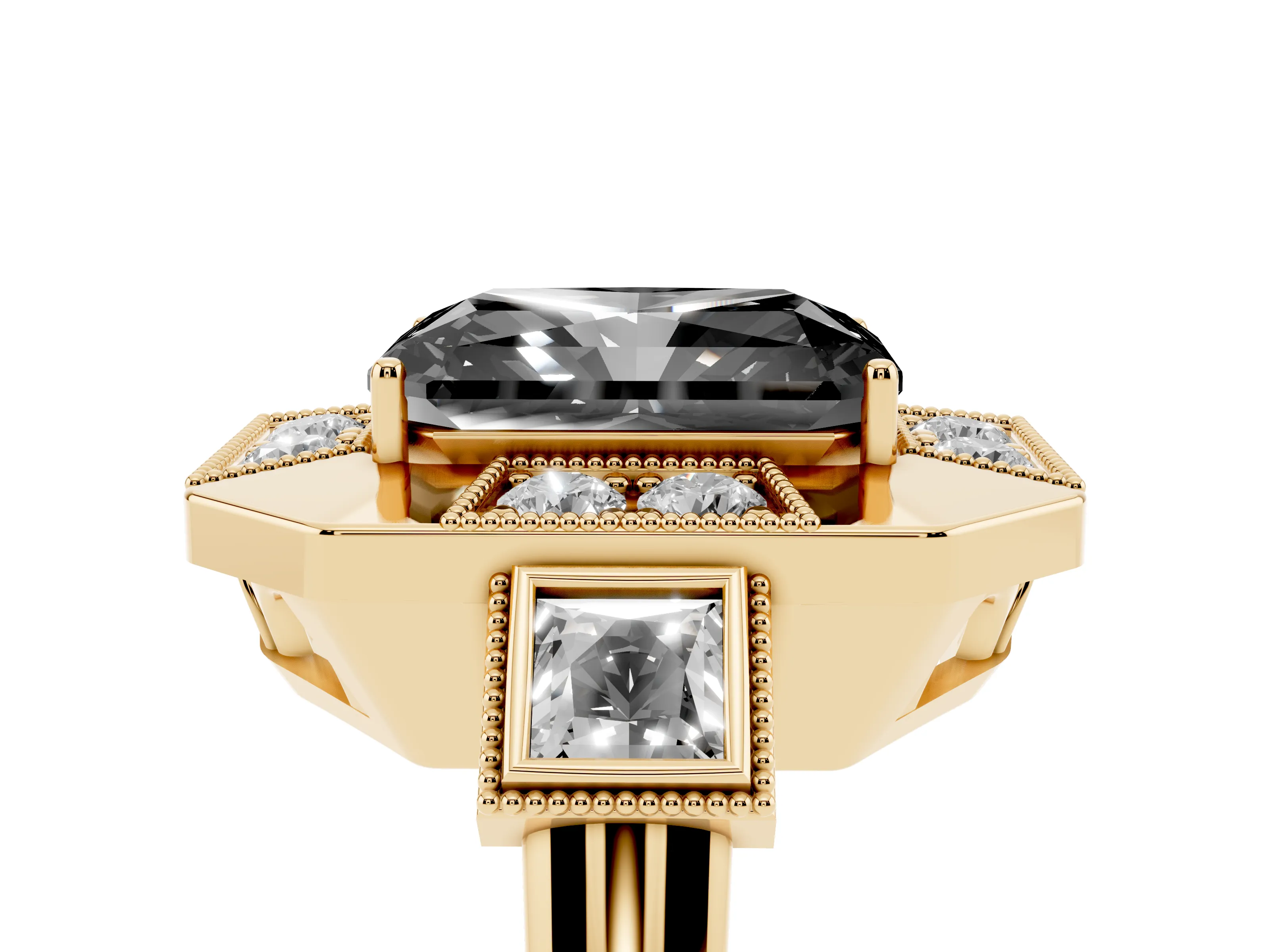 Fancy Black Radiant Cut Diamond Milgrain Halo Ring Set in Yellow gold with Split Shank