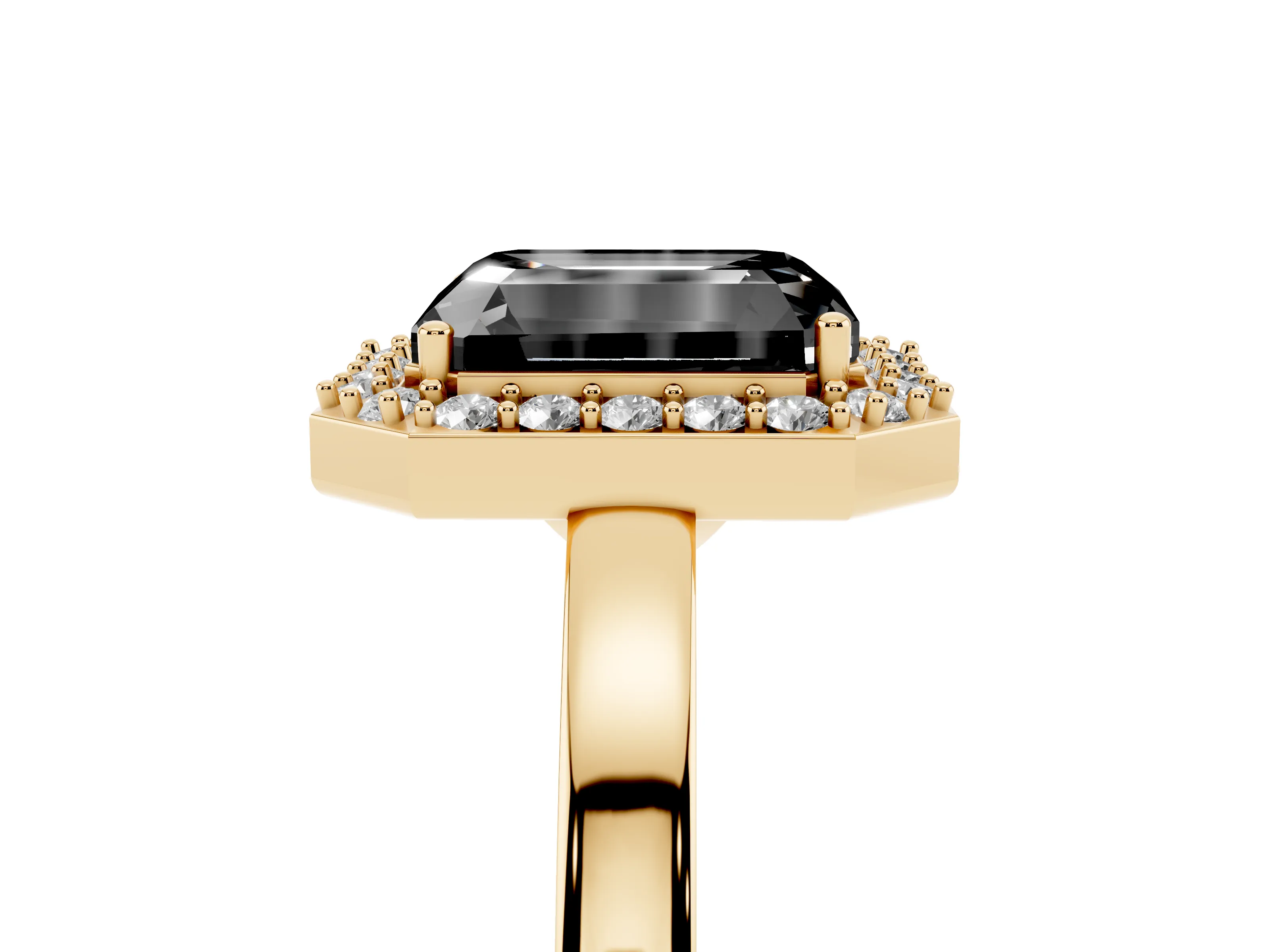 Fancy Black Radiant Cut Diamond Halo Ring Set in Yellow gold with Solitaire Band and Prong Setting