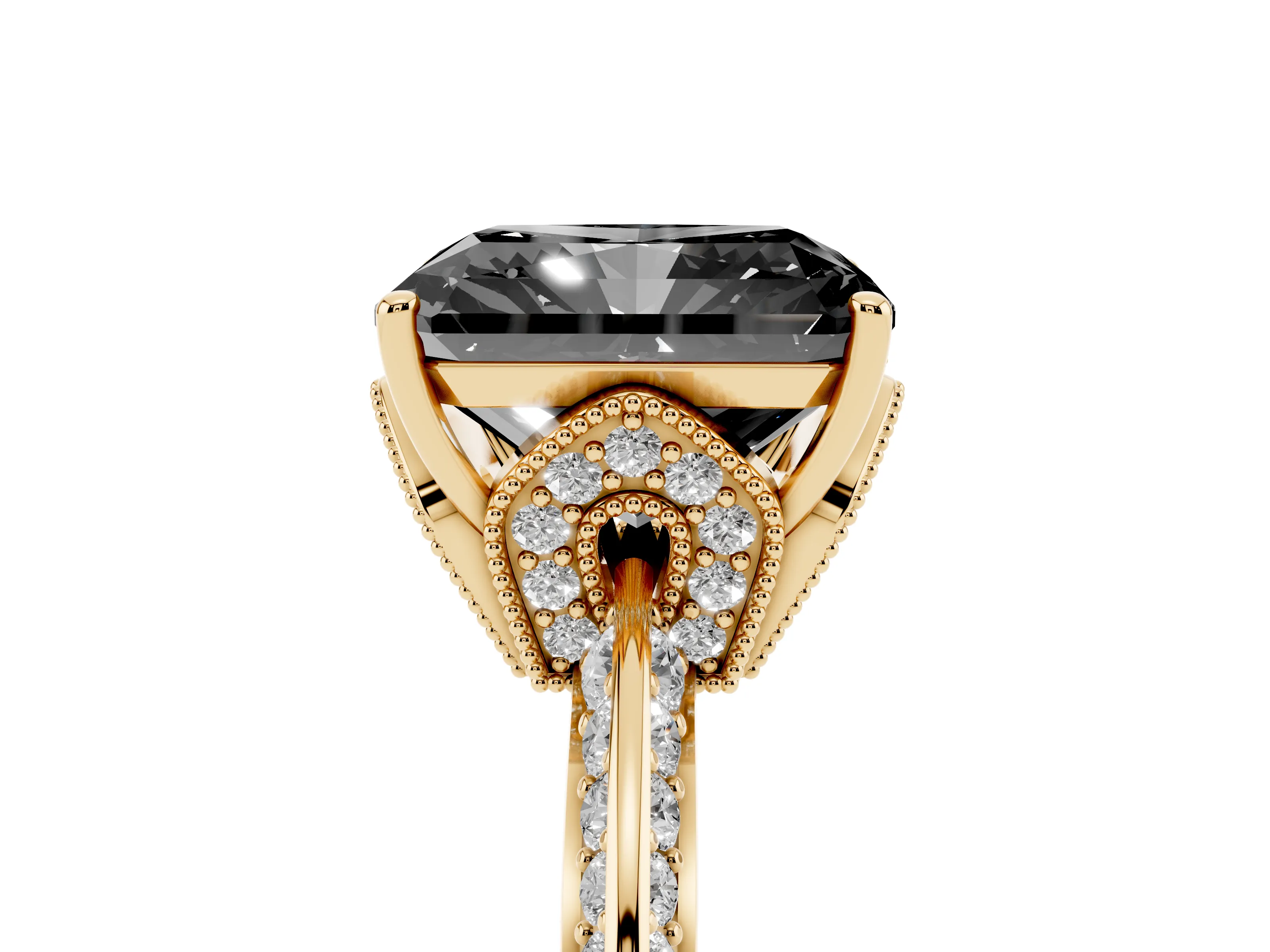 Fancy Black Radiant Cut Diamond Solitaire Engagement Ring Set in Yellow gold with Pavé Split Shank and Prong Setting