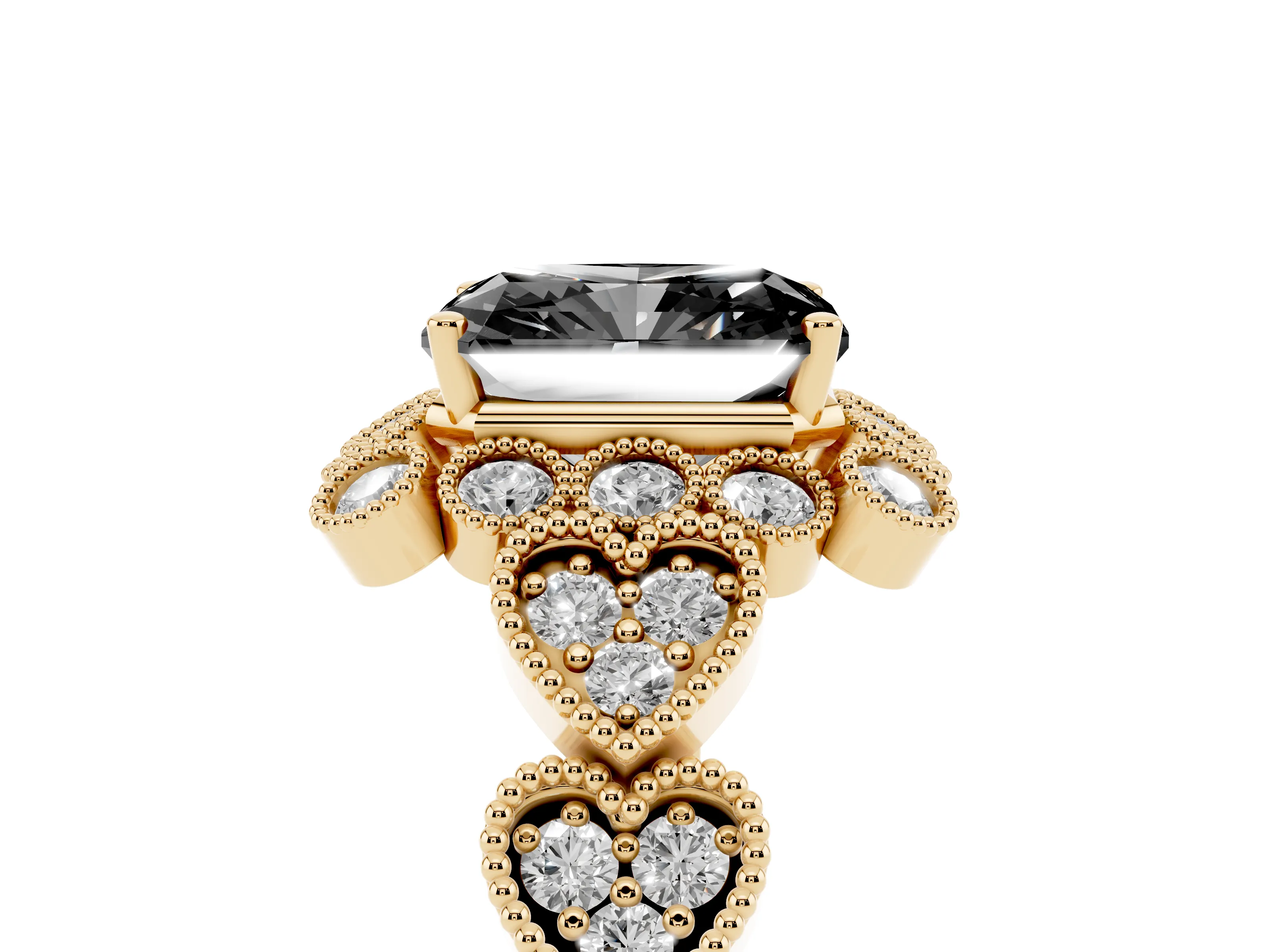 Fancy Black Radiant Cut Diamond Solitaire Ring Set in Yellow gold with Milgrain Pavé Heart Band