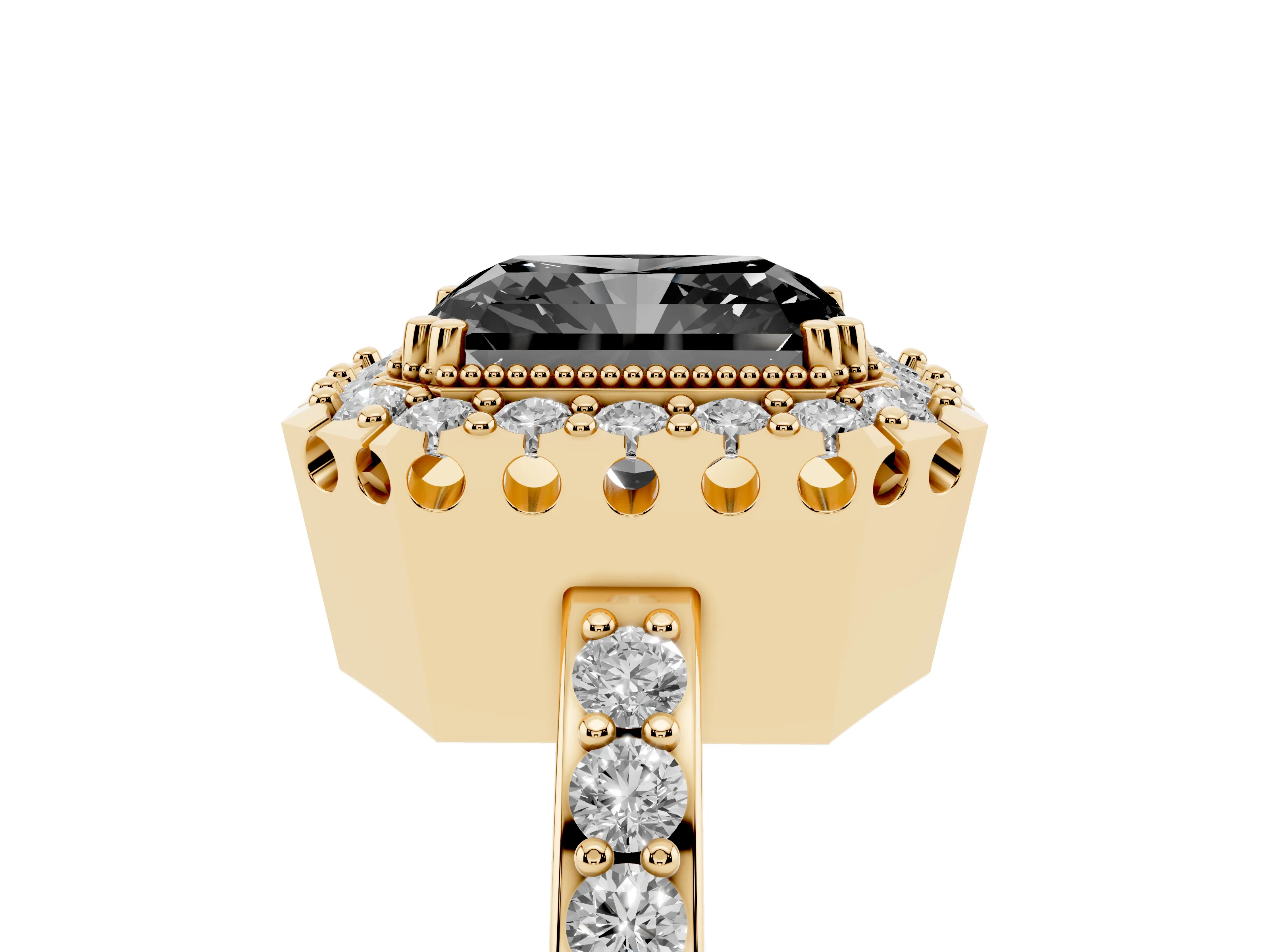 Fancy Black Radiant Cut Diamond Halo Ring Set in Yellow gold with Pavé Shank and Prong Setting