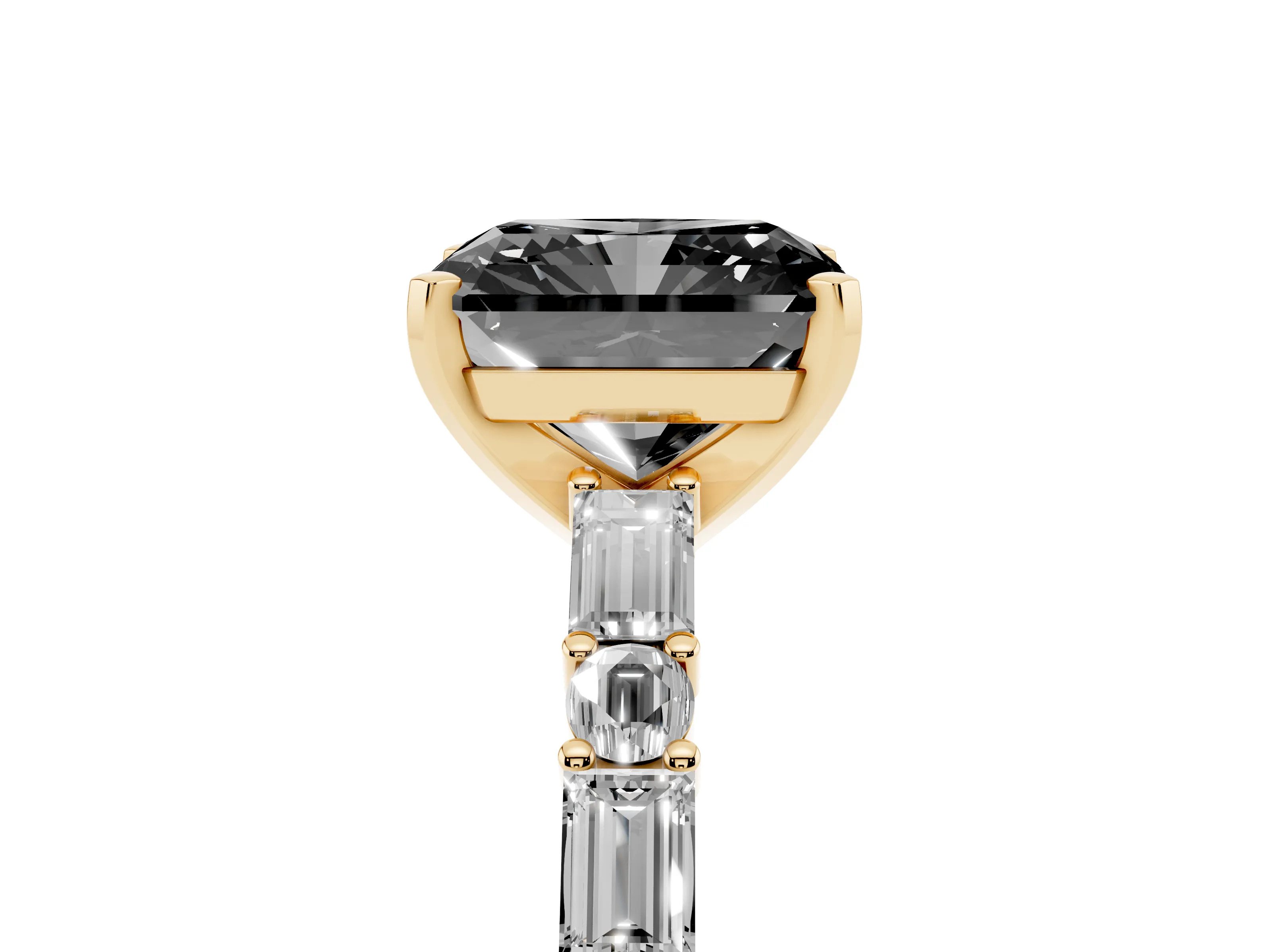 Fancy Black Radiant Cut Diamond Solitaire Set in Yellow gold with Side Baguettes and Channel Set Band