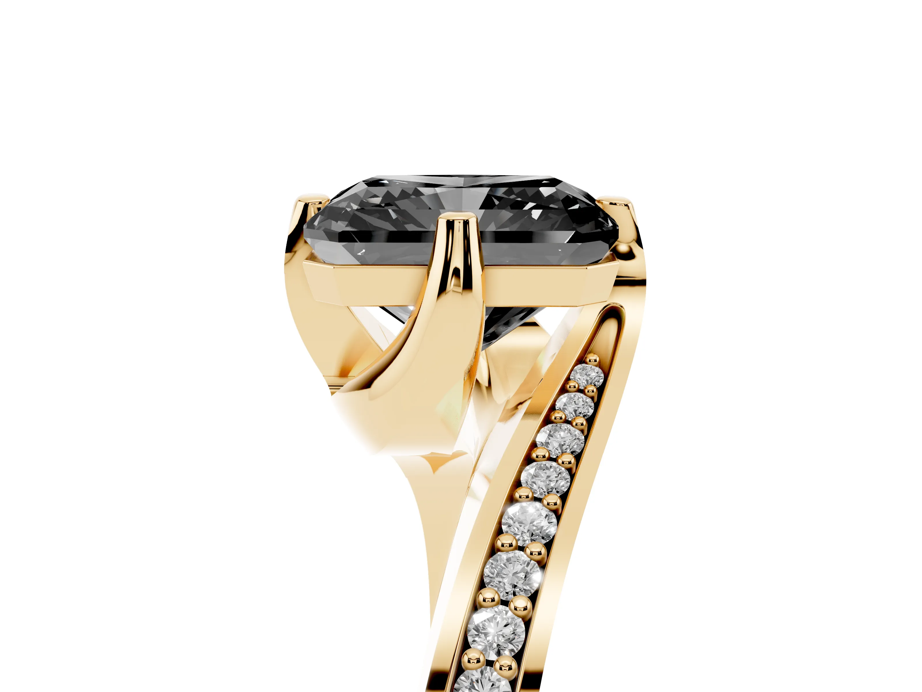 Fancy Black Radiant Cut Diamond Solitaire Ring Set in Yellow gold with Intertwined Pavé Twist Band
