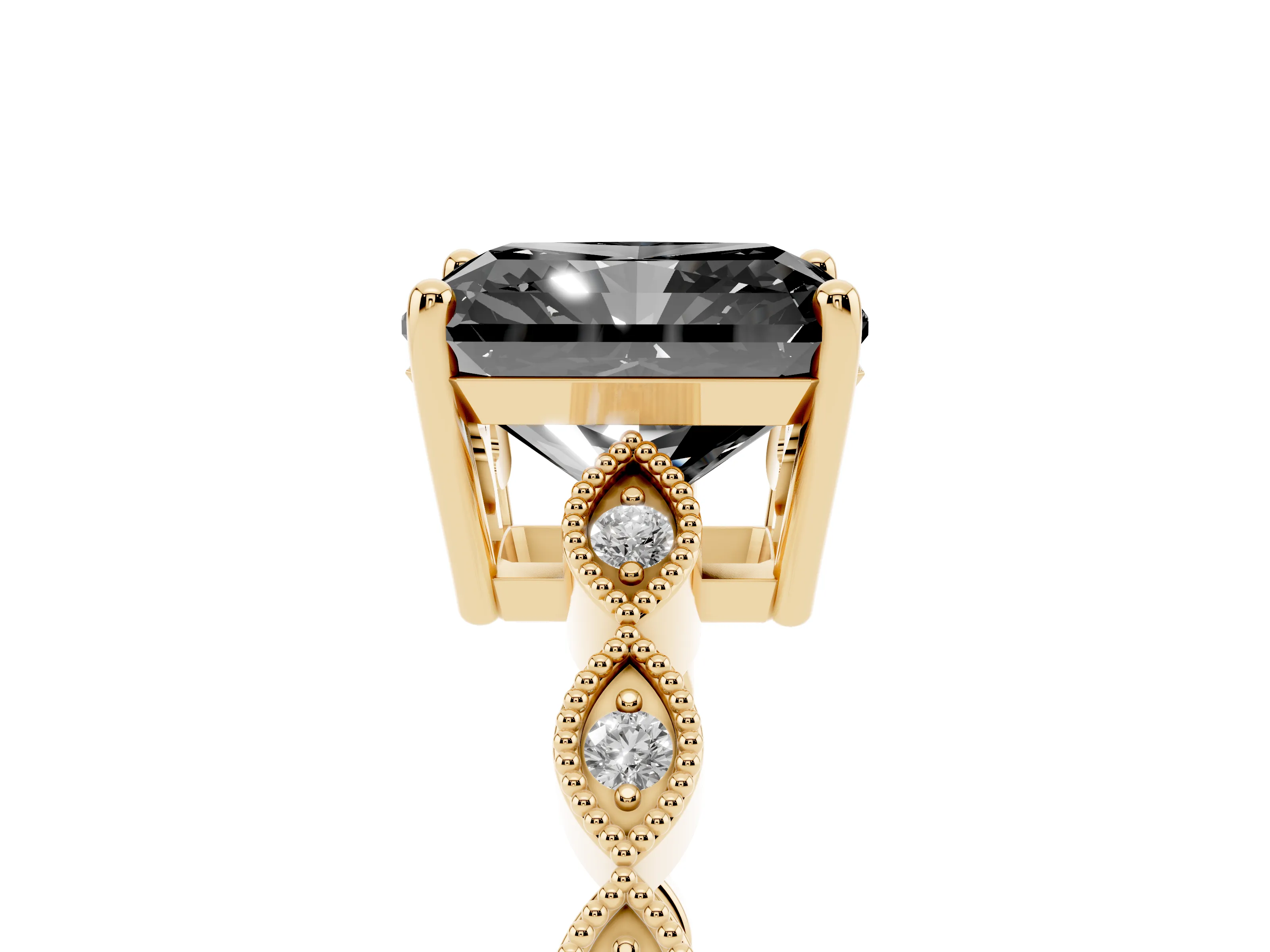 Fancy Black Radiant Cut Diamond Solitaire Ring Set in Yellow gold with Infinity Twist Pavé Band
