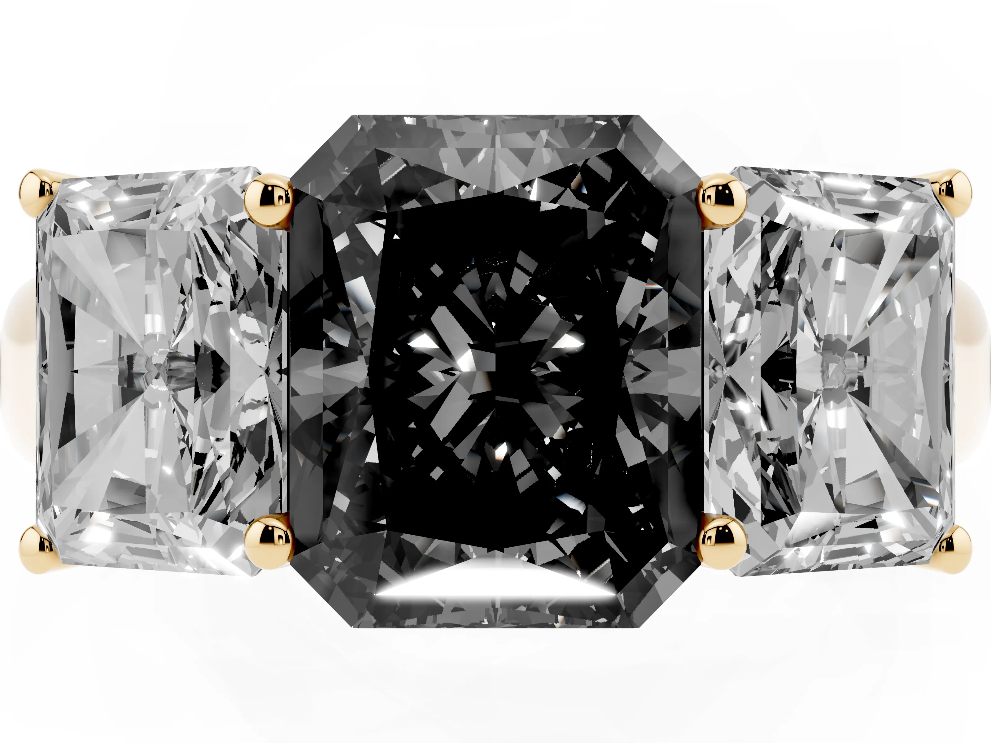 Fancy Black Radiant Cut Diamond Three-Stone Ring Set in Yellow gold with Plain Polished Band