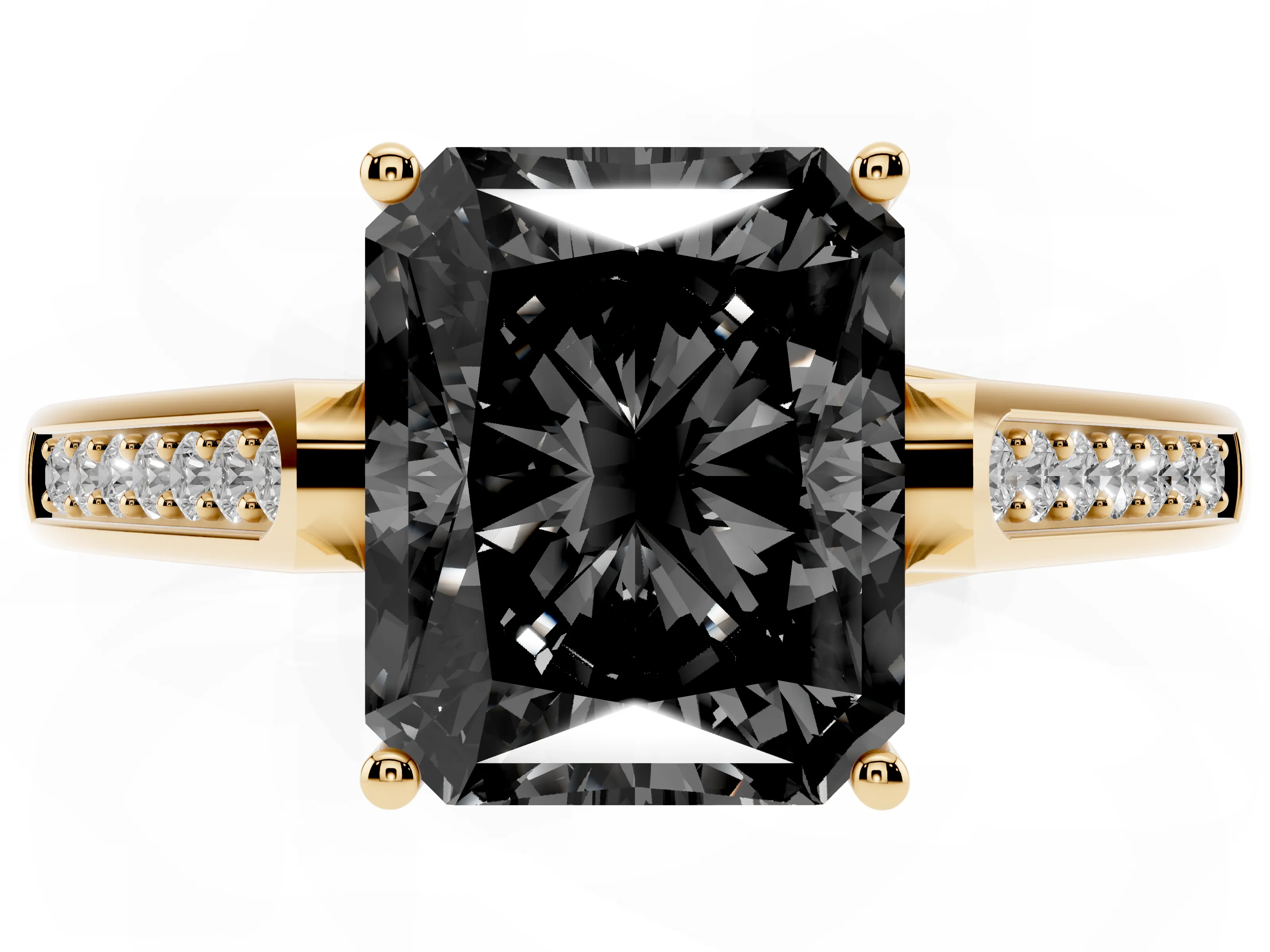 Fancy Black Radiant Cut Diamond Solitaire Cathedral Engagement Ring Set in Yellow gold with Channel-Set Band and Prong Setting