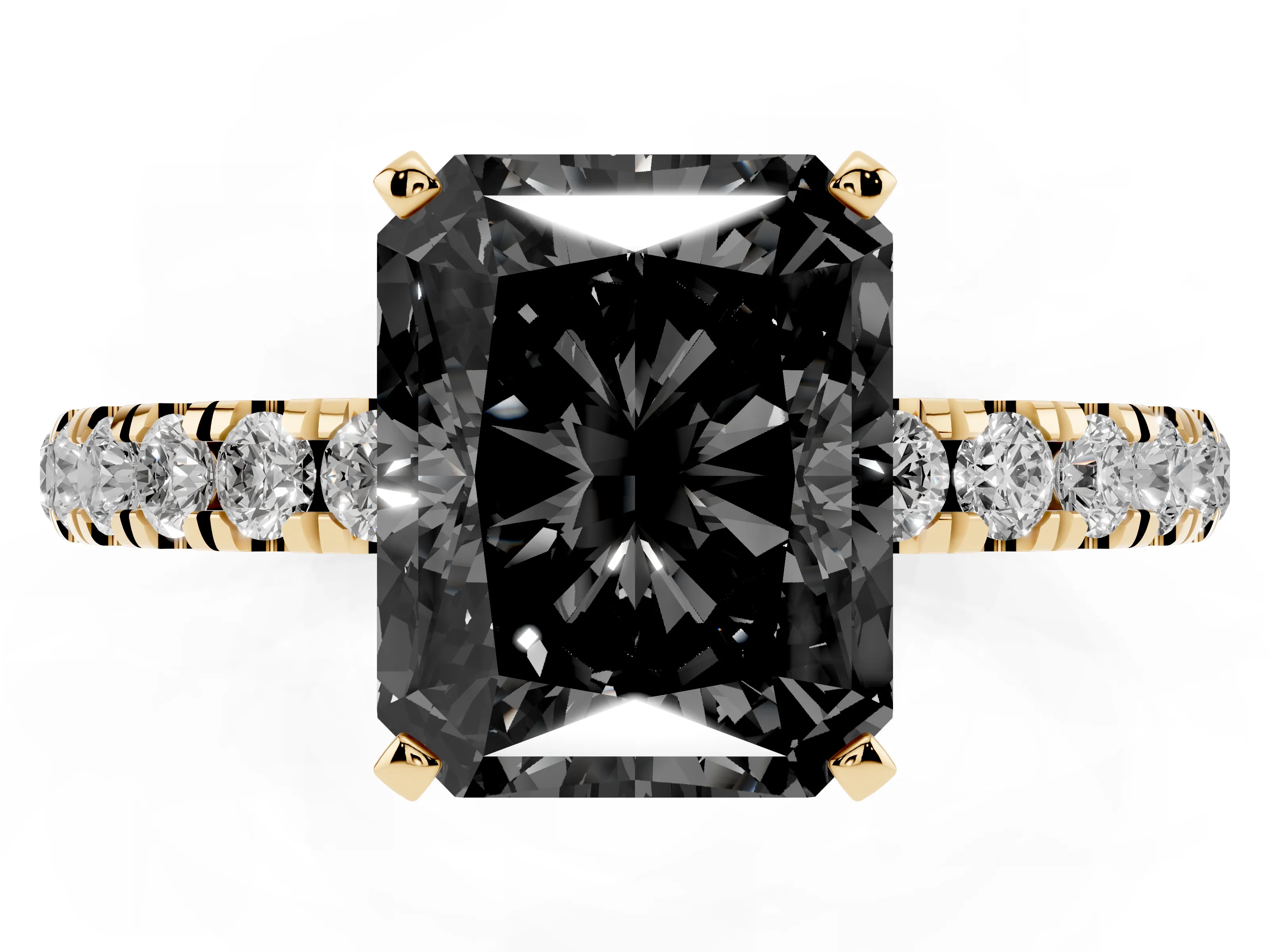 Fancy Black Radiant Cut Diamond Solitaire Ring Set in Yellow gold with Pavé Accents and Prong Setting