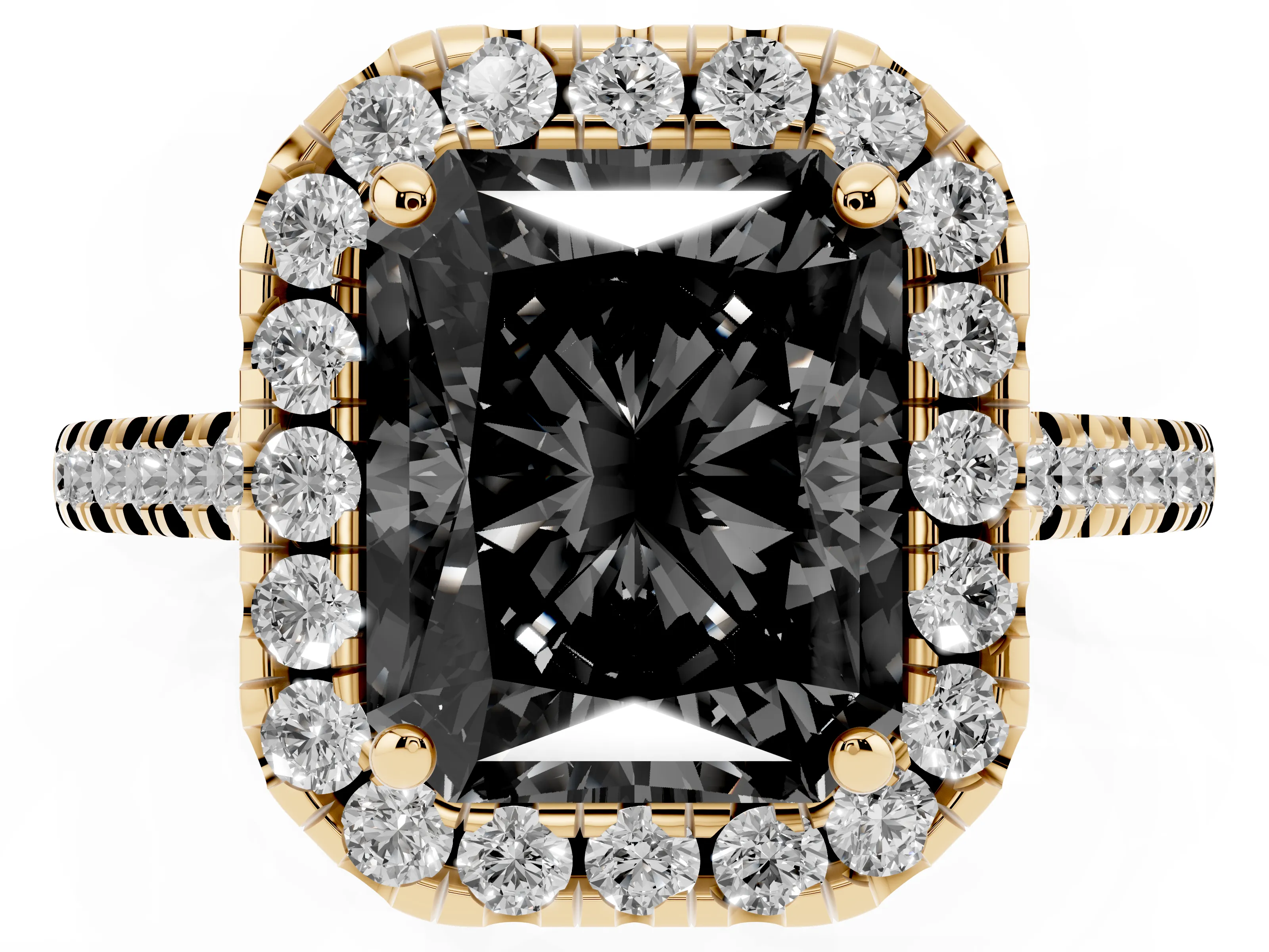 Fancy Black Radiant Cut Diamond Cushion Halo Ring Set in Yellow gold with Pavé Band
