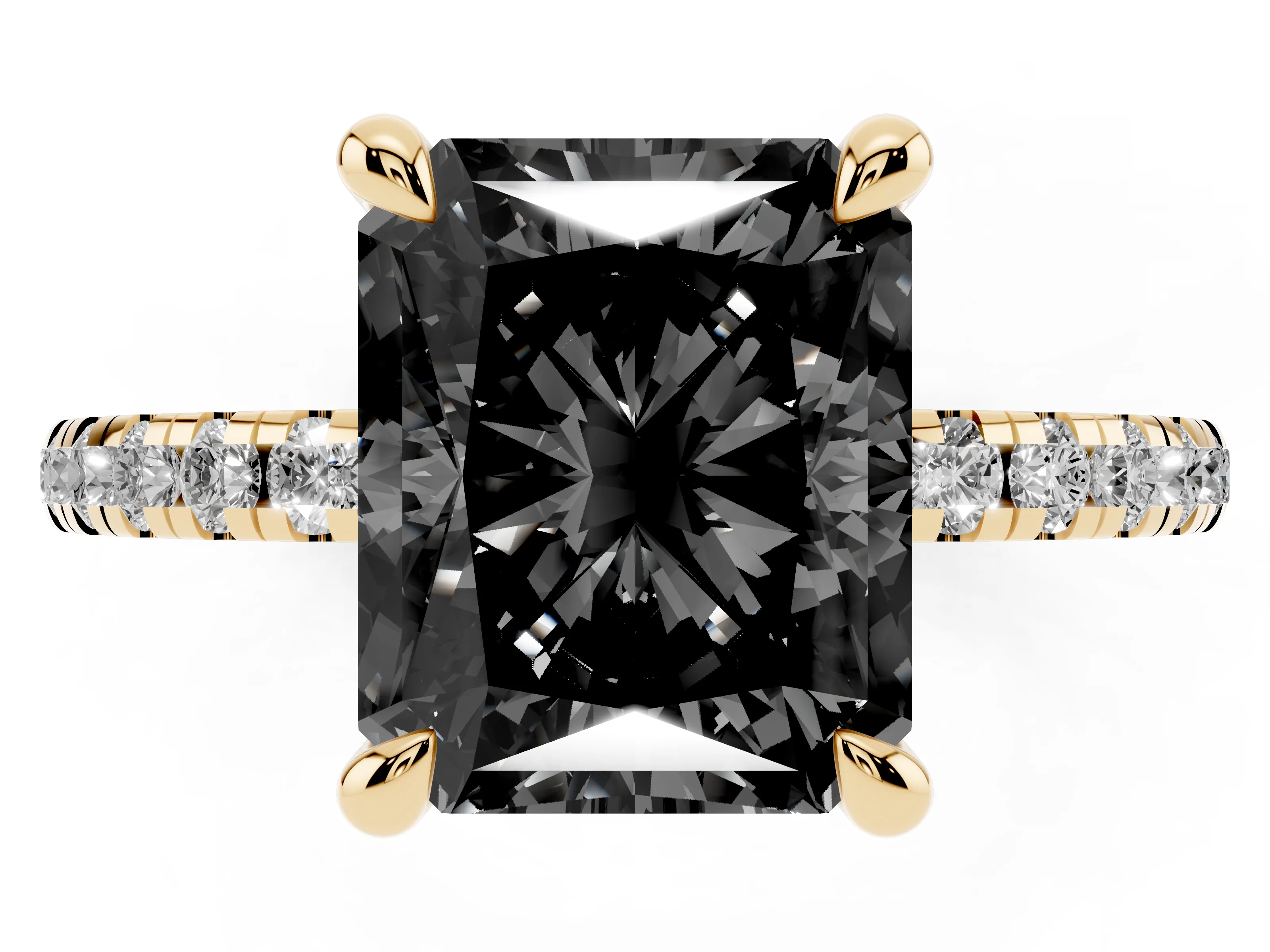 Fancy Black Radiant Cut Diamond Brilliant Solitaire Ring Set in Yellow gold with Pavé Band and Prong Setting